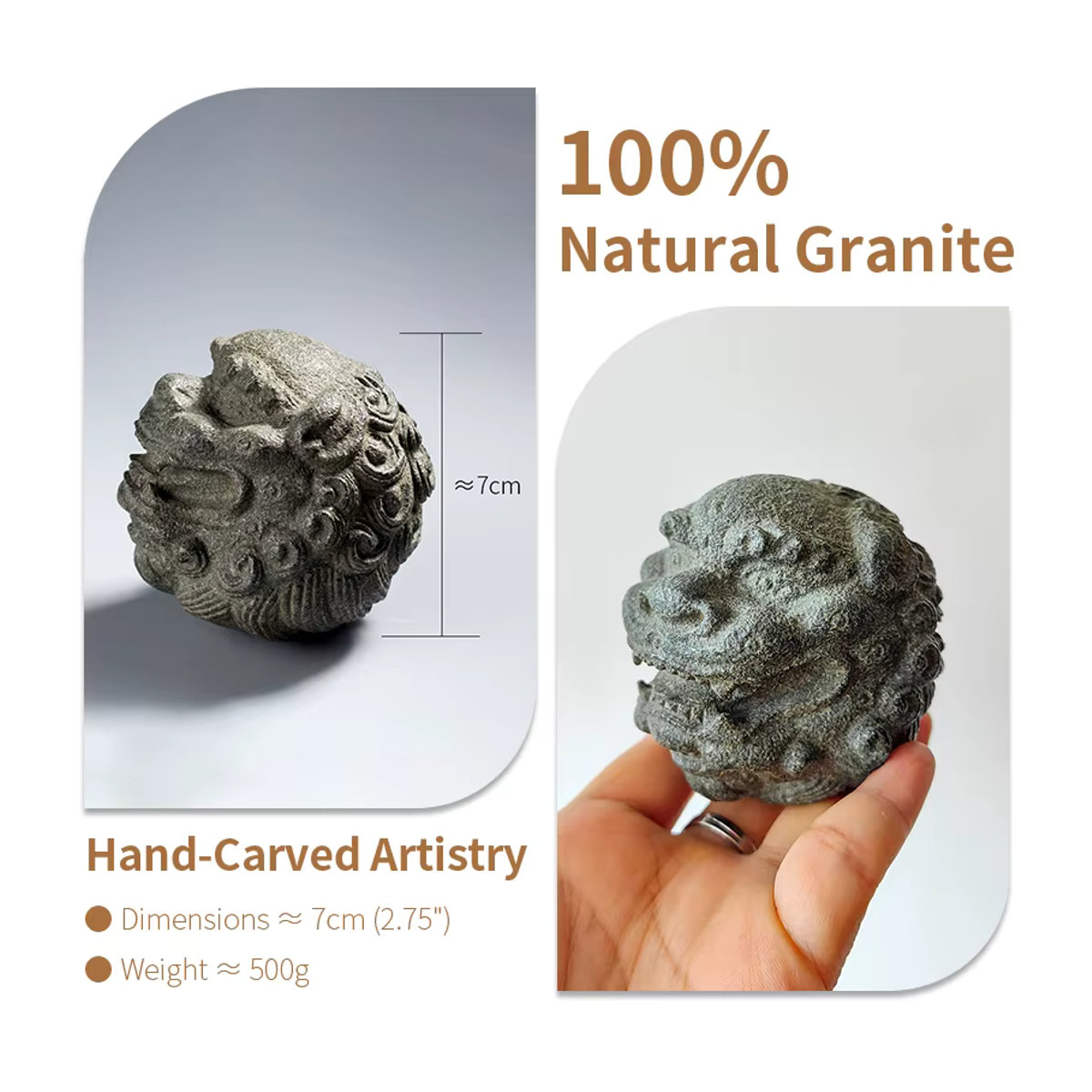 Fiteo Löwenkopf-Statue Foo Dog aus Naturgranit in Grau, handgeschnitzte Zen-Dekoration für Feng Shui - Bild 6