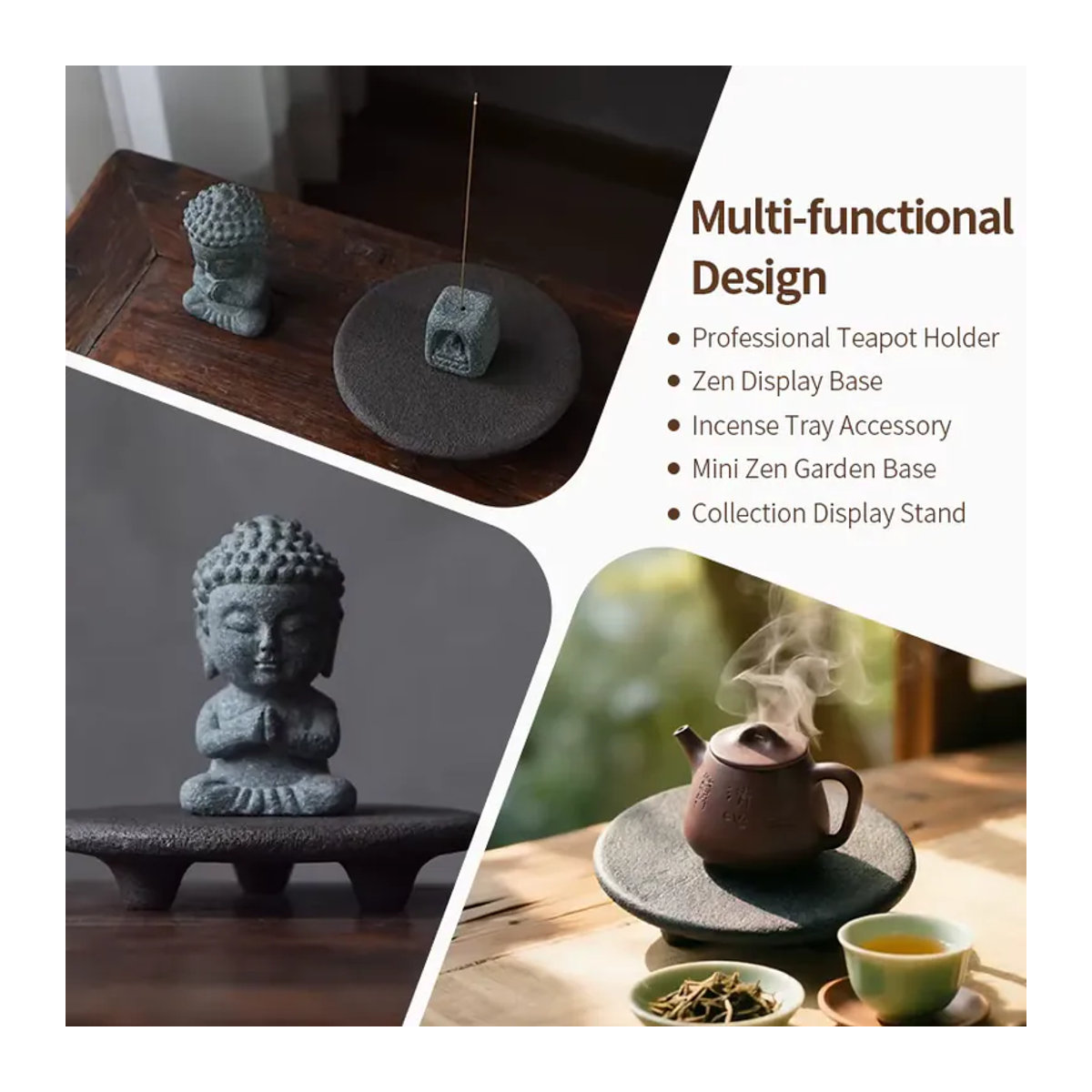 Fiteo Teekannenständer aus natürlichem Basalt in Braun, handgefertigtes rundes Design im orientalischen Stil für die chinesische Teezeremonie und Zen-Dekoration - Bild 3