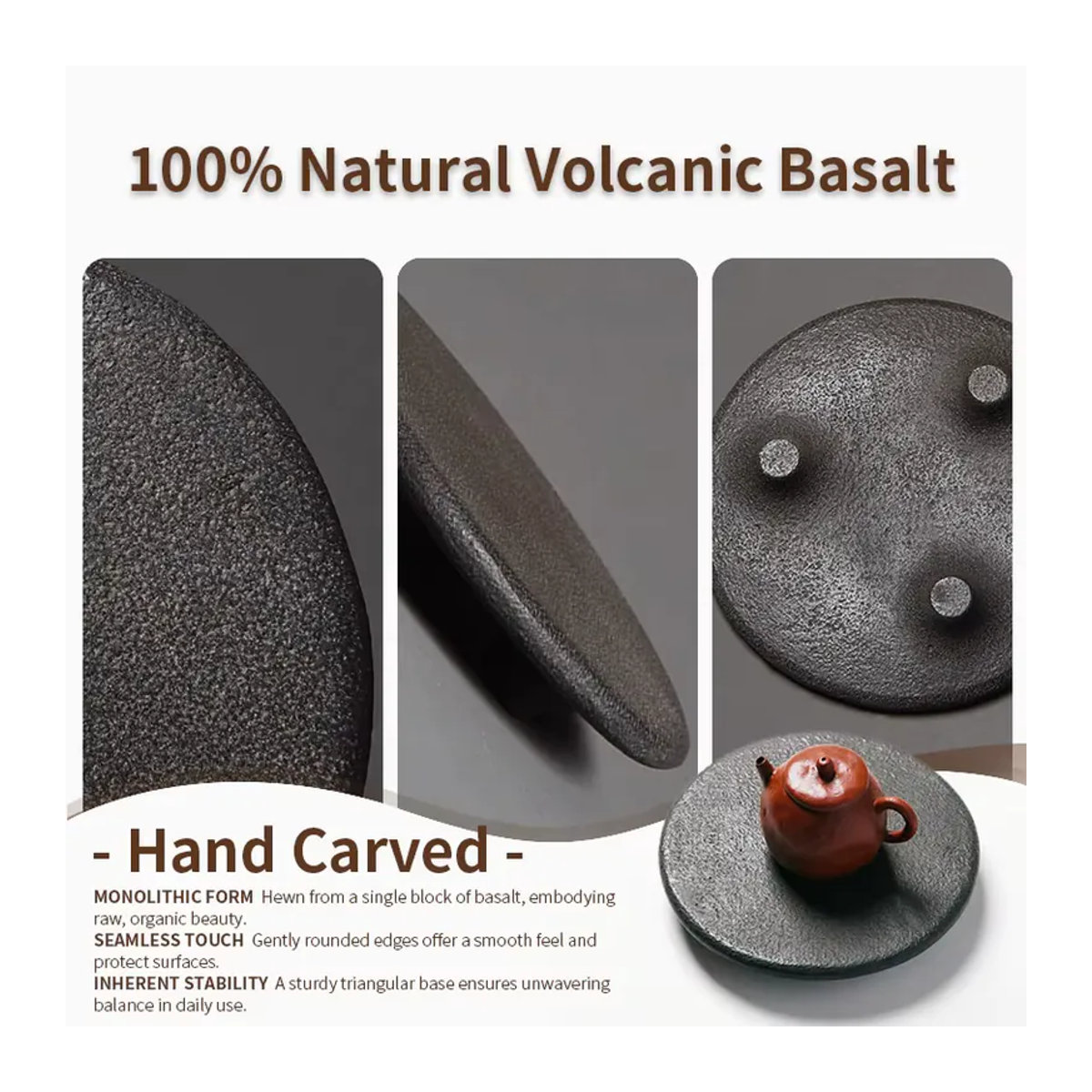 Fiteo Teekannenständer aus natürlichem Basalt in Braun, handgefertigtes rundes Design im orientalischen Stil für die chinesische Teezeremonie und Zen-Dekoration - Bild 4