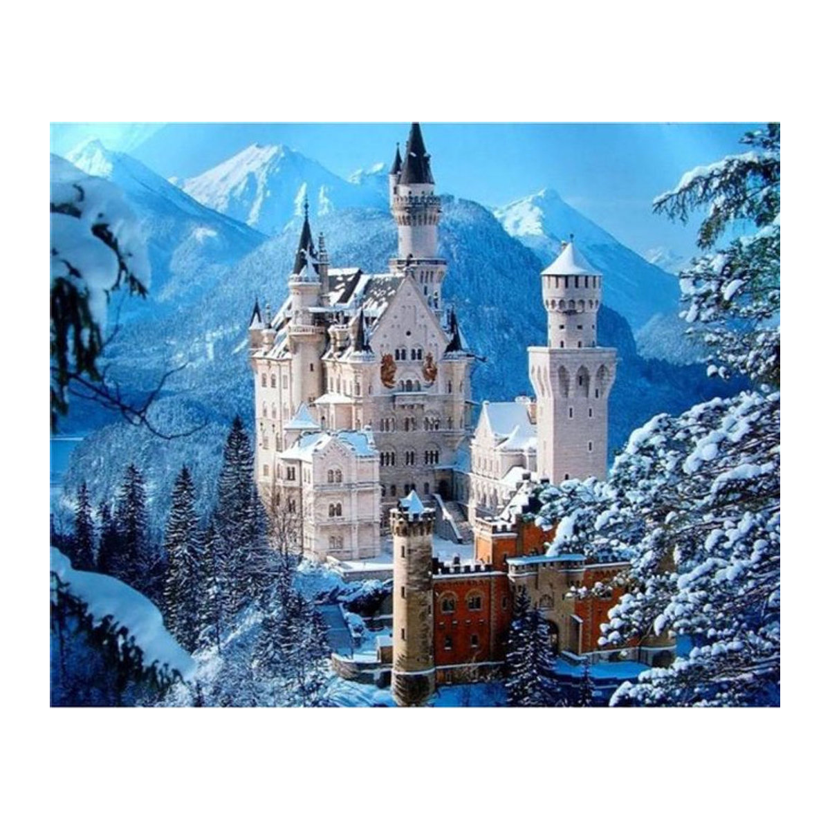 FIYO Diamantgemälde Rund mit Schneeberg und Schloss als Diamantstickerei und Mosaik, Mehrfarbig, B x H: 40 x 50 cm - Bild 1