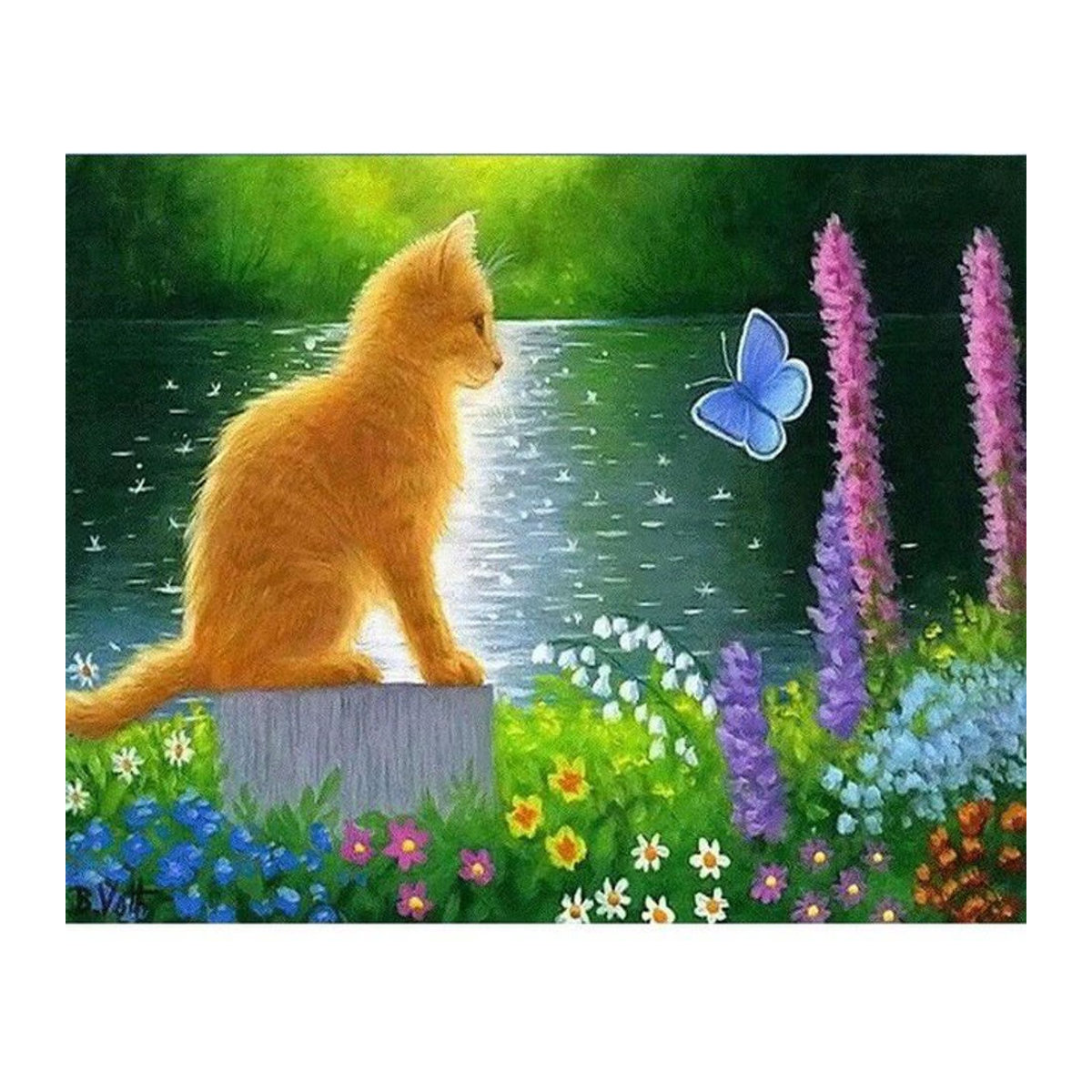 FIYO Diamond Painting Set mit Motiv Wartende Katze, Stickerei mit runden Strasssteinen, mehrfarbig, B/H: 30 x 20 cm - Bild 1