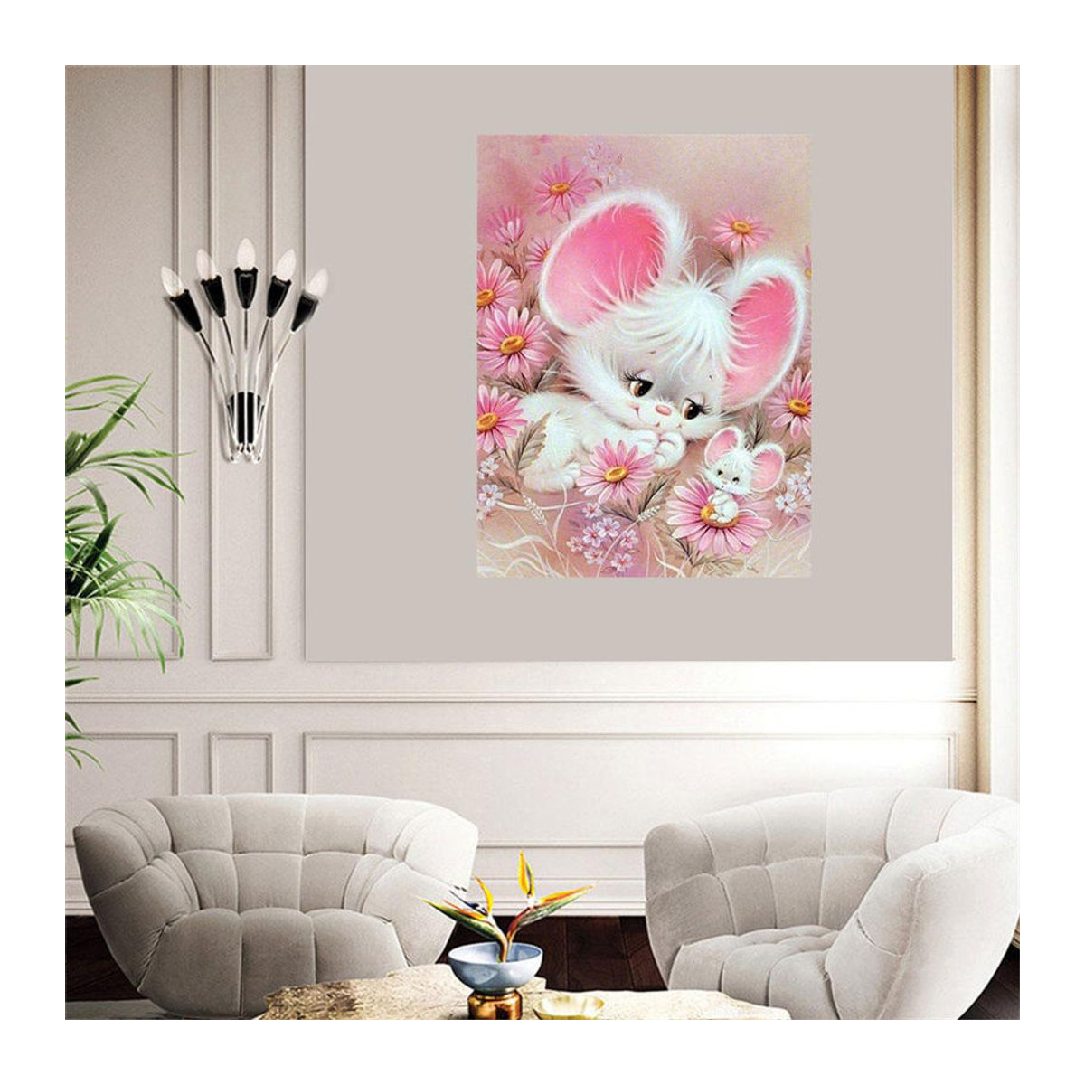 FIYO Diamond Painting Set mit weißer Maus-Stickerei und floralem Motiv, B/H: 20 x 30 cm - Bild 2
