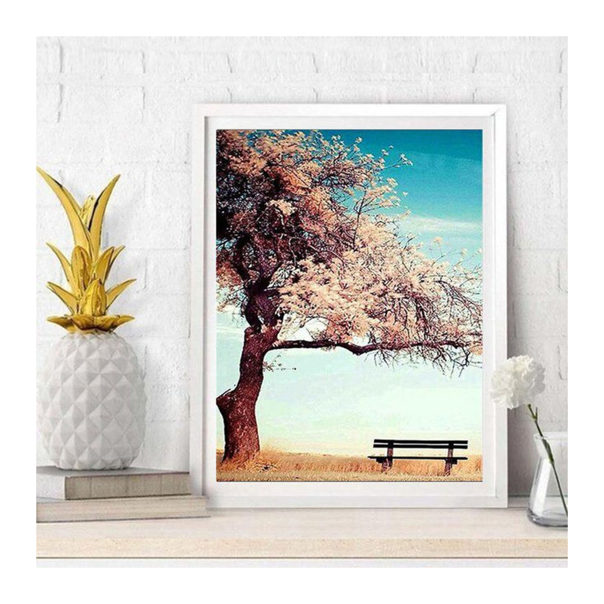 FIYO DIY 5D Diamantmalerei Rosa Baum mit Stuhl als Mosaik Bild Stickerei Set, B/H: 20 x 30 cm - Bild 1