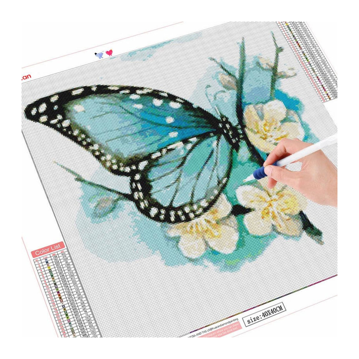 FIYO DIY Diamantmalerei Schmetterling und Blumen 5D Mosaik Set, hellblau und mehrfarbig, B/H: 50 x 50 cm - Bild 2