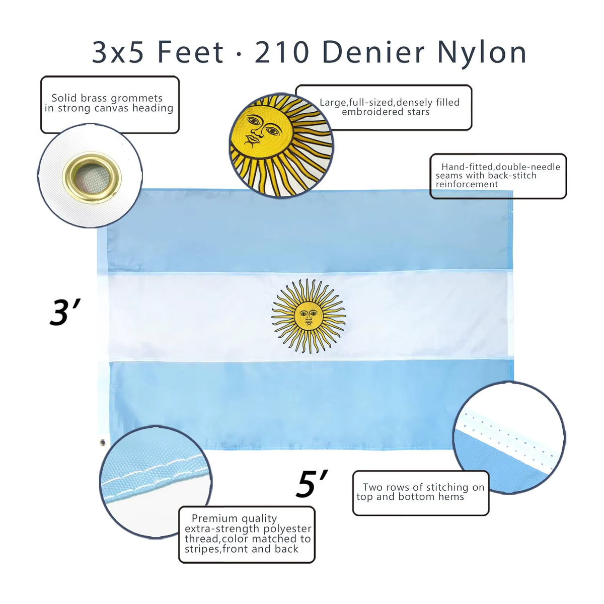 Flagnshow Argentinien-Flagge mit Stickerei, mehrfarbig, B: 150 cm, H: 90 cm - Bild 2