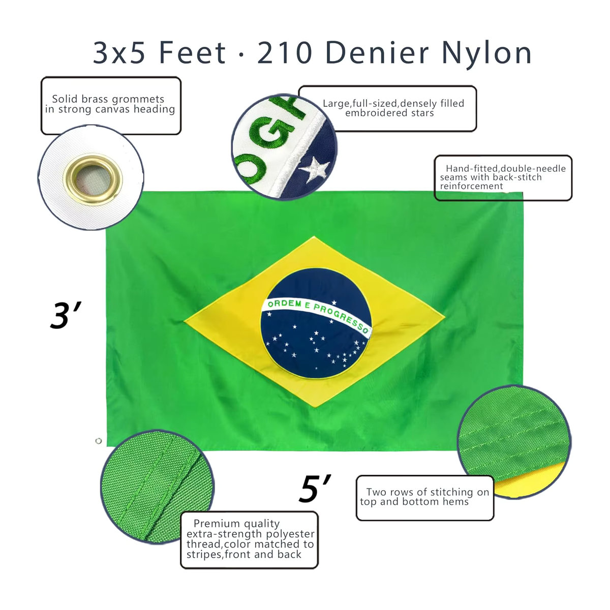 Flagnshow Brasilien-Flagge aus 100 % Nylon mit Bestickung, mehrfarbig, 90 x 90 cm - Bild 2