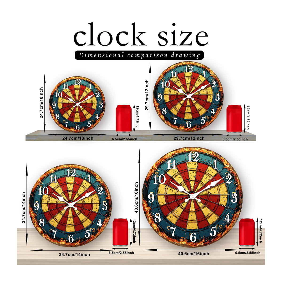 Flaming Dartboard Wanduhr im Vintage-Design aus Holz und Metall, analoge runde Wanduhr in Mehrfarbig für dein Spielzimmer - Bild 3