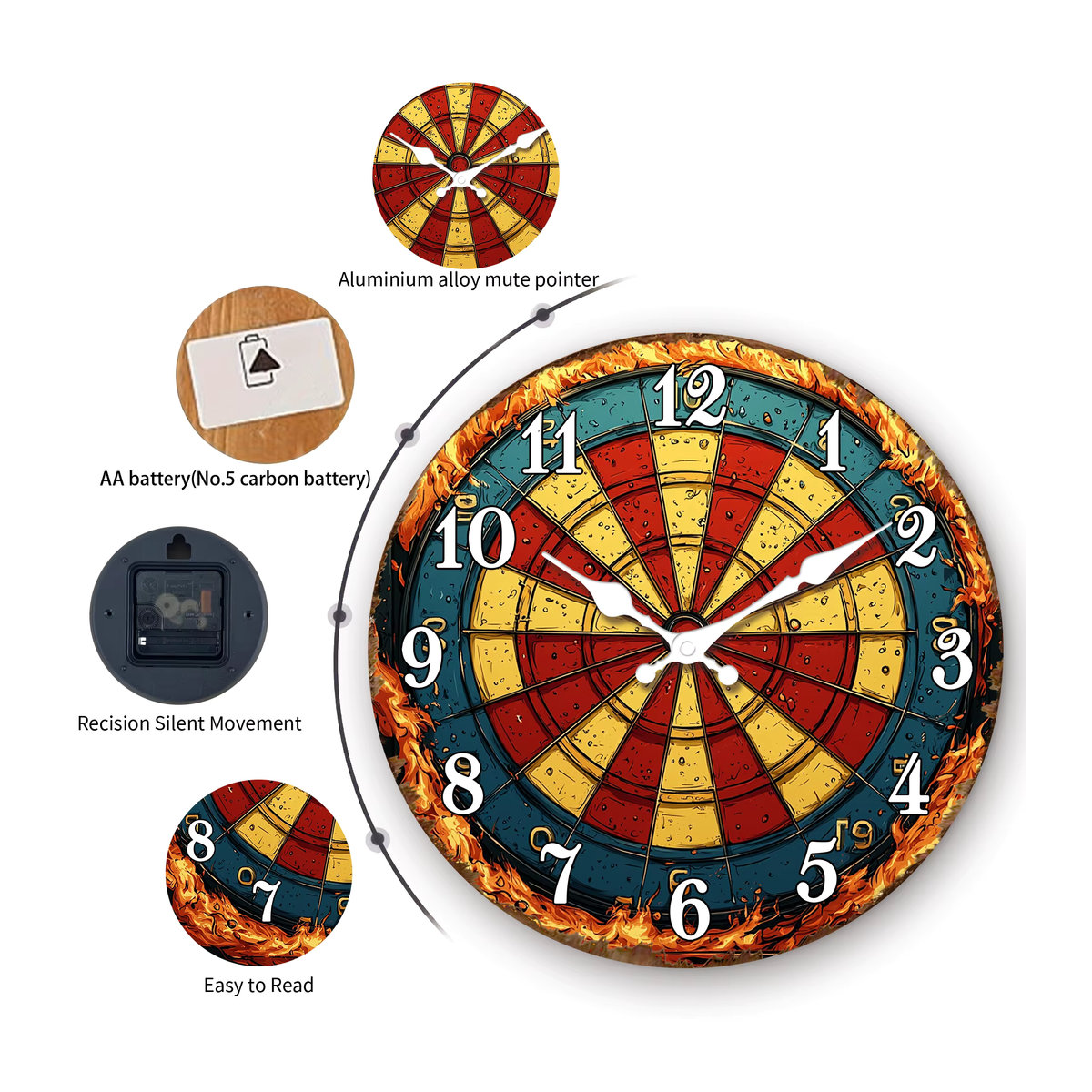 Flaming Dartboard Wanduhr im Vintage-Design aus Holz und Metall, analoge runde Wanduhr in Mehrfarbig für dein Spielzimmer - Bild 4