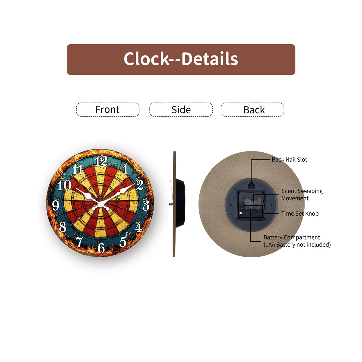 Flaming Dartboard Wanduhr im Vintage-Design aus Holz und Metall, analoge runde Wanduhr in Mehrfarbig für dein Spielzimmer - Bild 5
