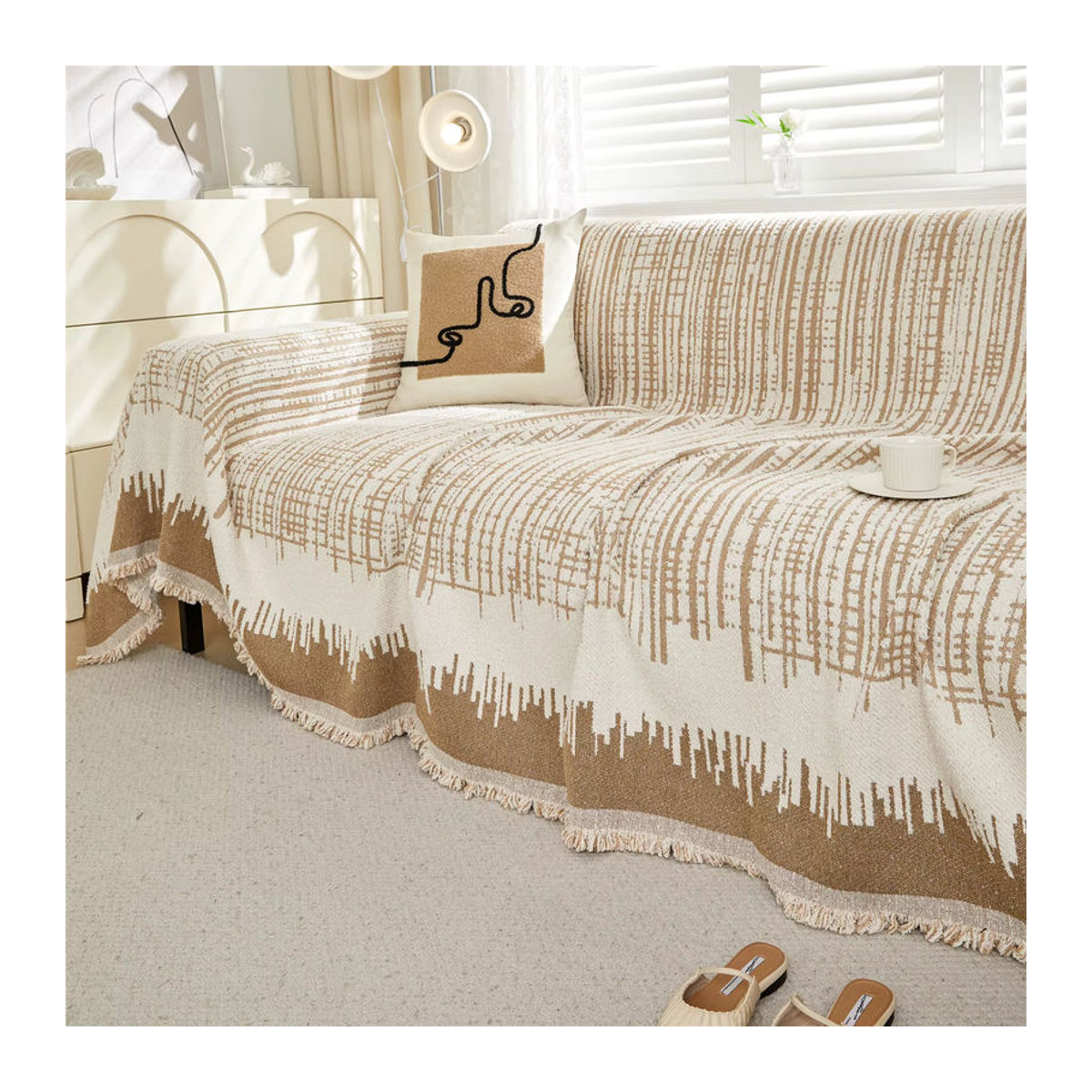 Flauschiges Jacquard Sofa Handtuch mit Quasten für Wohnzimmer Möbel und Camping in Flauschige Linien Design - Bild 5