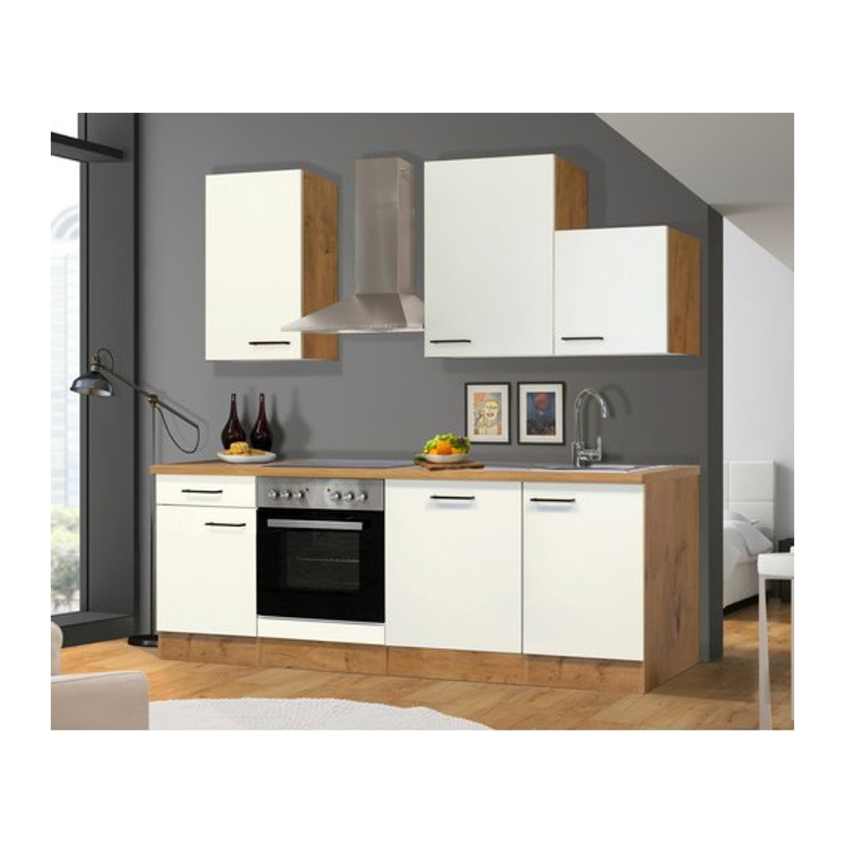 Flex-Well Küchenzeile Avila in Weiß und Beige mit Edelstahl-Elementen und Drehtüren, B/H/T: 220 x 234 x 60 cm - Bild 1