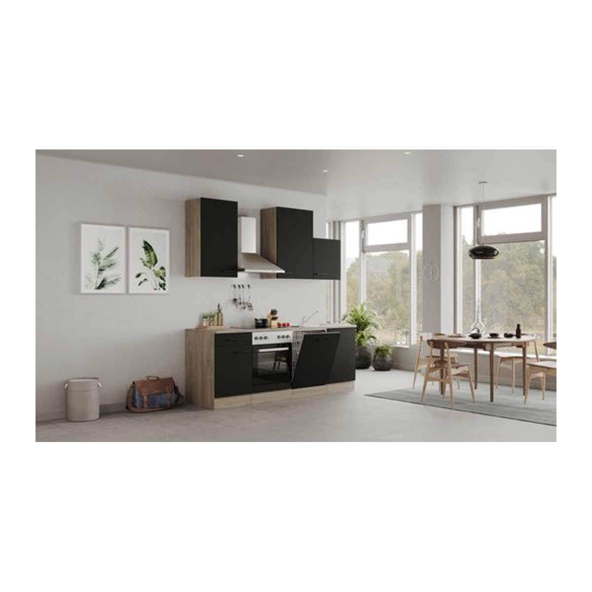 Flex-Well Küchenzeile Capri in Schwarz und Eiche Natur mit Antifingerprint-Effekt, B/H/T: 220 x 234 x 60 cm - Bild 1