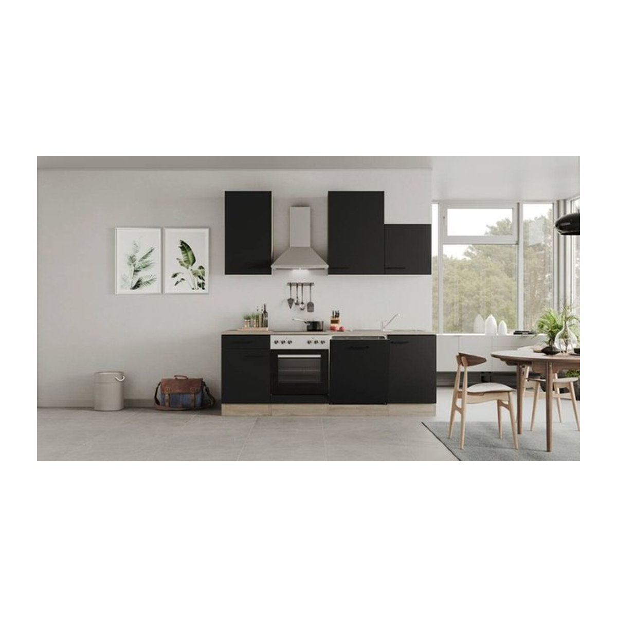 Flex-Well Küchenzeile Capri in Schwarz und Eiche Natur mit Antifingerprint-Effekt, B/H/T: 220 x 234 x 60 cm - Bild 3