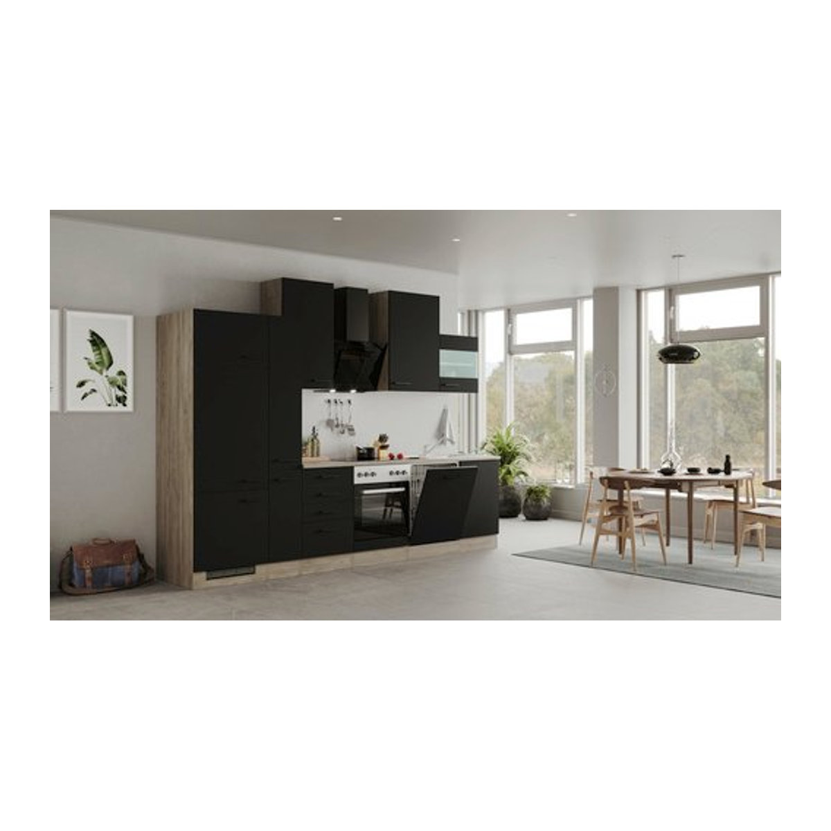 Flex-Well Küchenzeile Capri in Schwarz und Eiche Natur mit Antifingerprint-Effekt, B/H/T: 310 x 234 x 60 cm - Bild 1