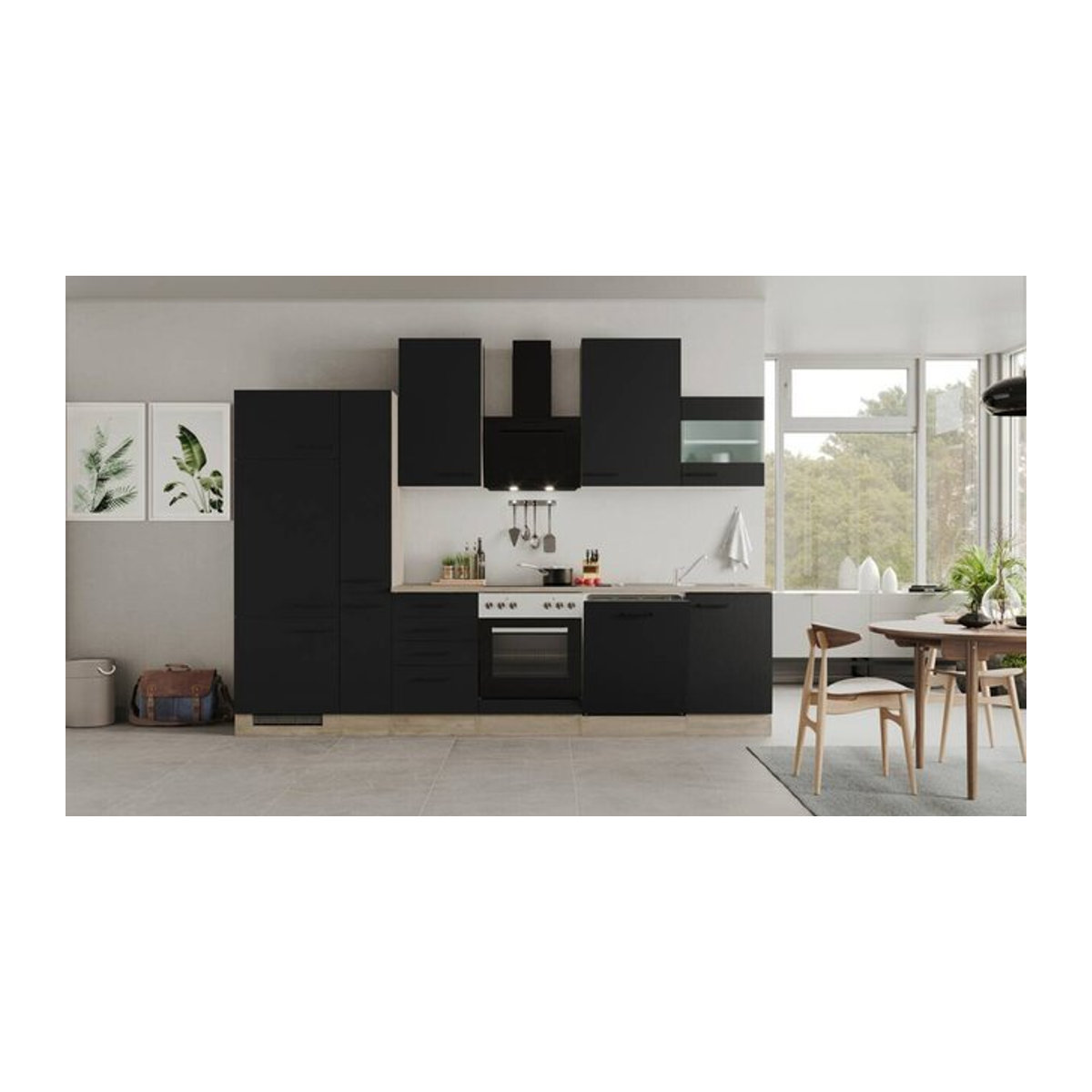 Flex-Well Küchenzeile Capri in Schwarz und Eiche Natur mit Antifingerprint-Effekt, B/H/T: 310 x 234 x 60 cm - Bild 2
