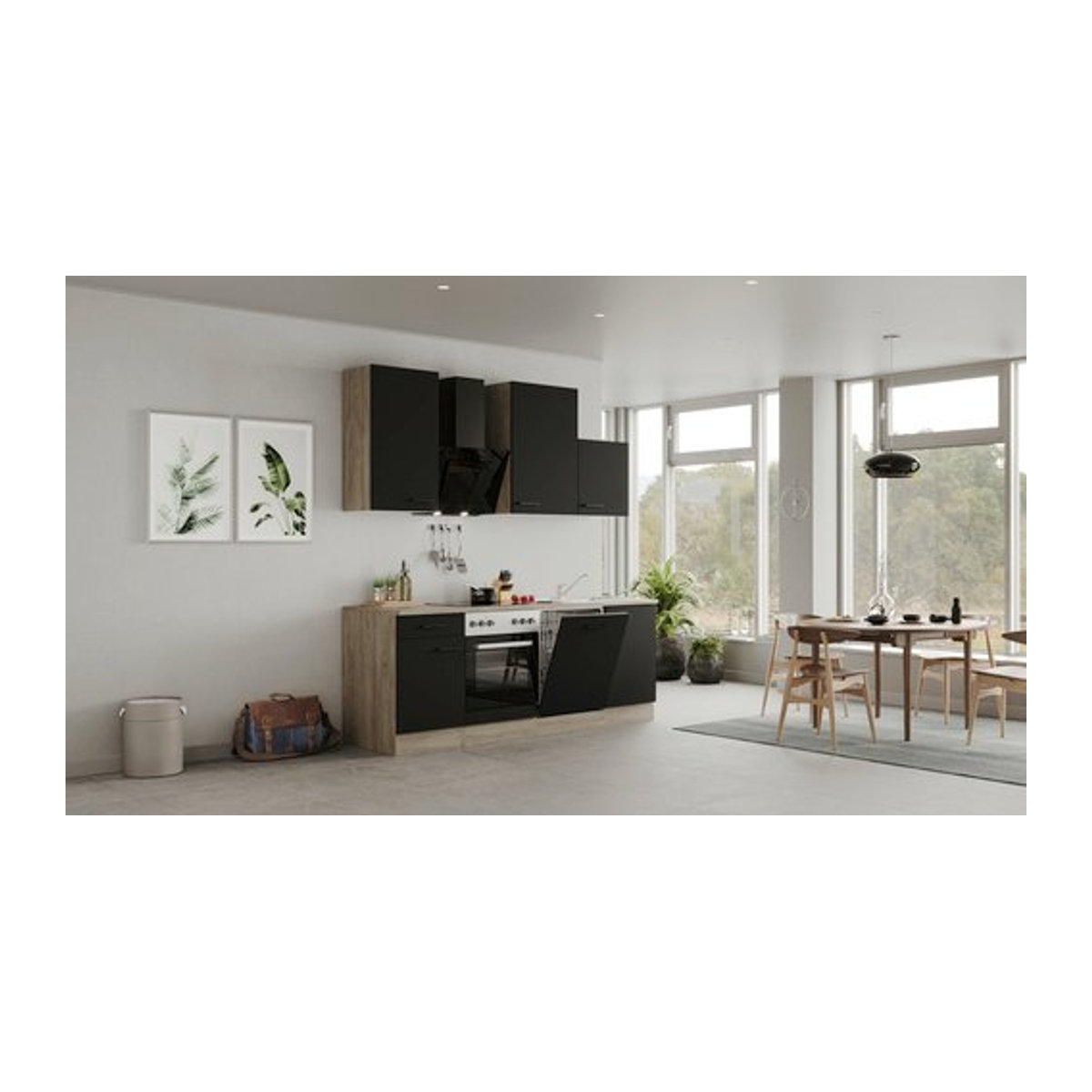 Flex-Well Küchenzeile Capri in Schwarz und Eiche Natur mit E-Geräten, B/H/T: 220 x 234 x 60 cm - Bild 1