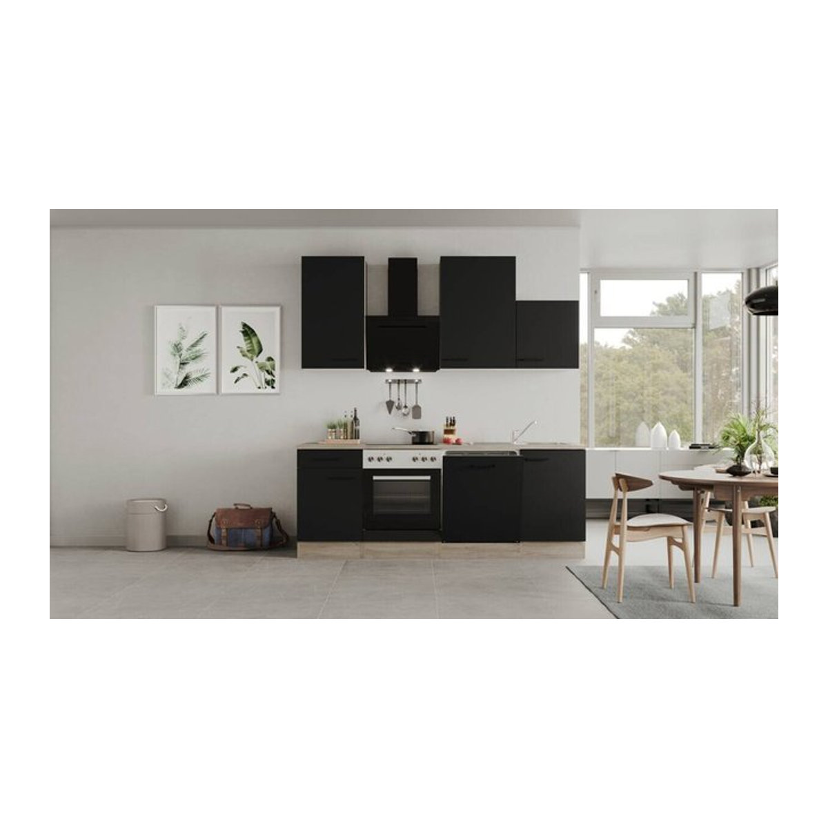 Flex-Well Küchenzeile Capri in Schwarz und Eiche Natur mit E-Geräten, B/H/T: 220 x 234 x 60 cm - Bild 3