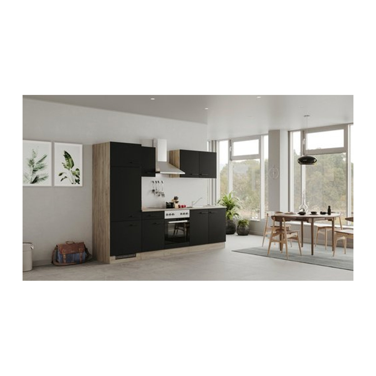 Flex-Well Küchenzeile CAPRI in Schwarz und Eiche Natur mit E-Geräten, B/H/T: 270 x 200 x 60 cm - Bild 1