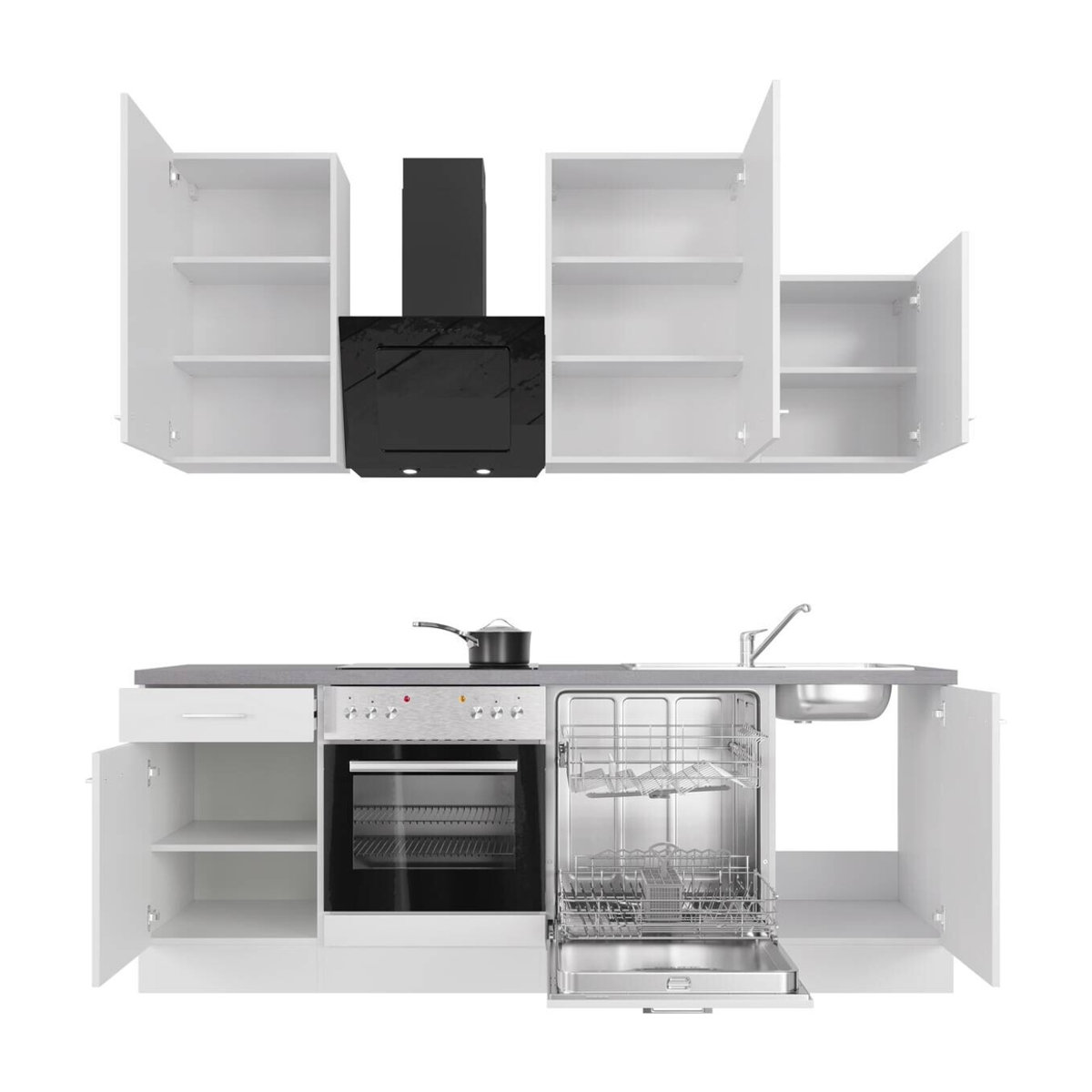 Flex-Well Küchenzeile Modern in Weiß und Grau aus Holzwerkstoff und Metall mit Drehtüren, B/H/T: 220 x 234 x 60 cm - Bild 4