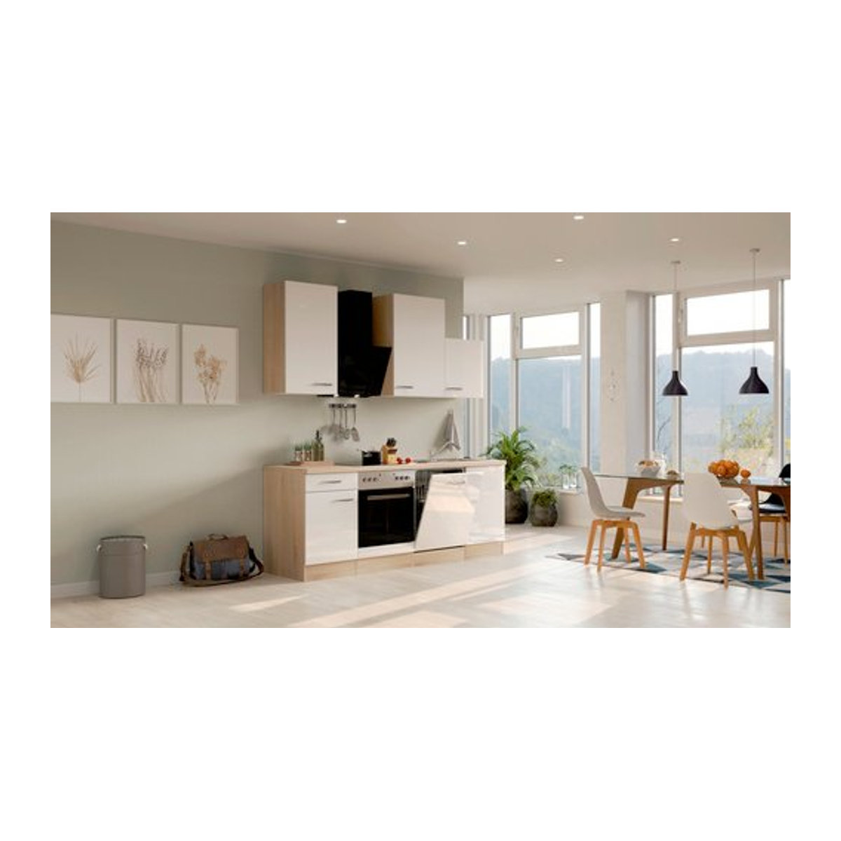 Flex-Well Küchenzeile Valero in Weiß und Eiche Natur mit E-Geräten, B/H/T: 220 x 234 x 60 cm - Bild 1