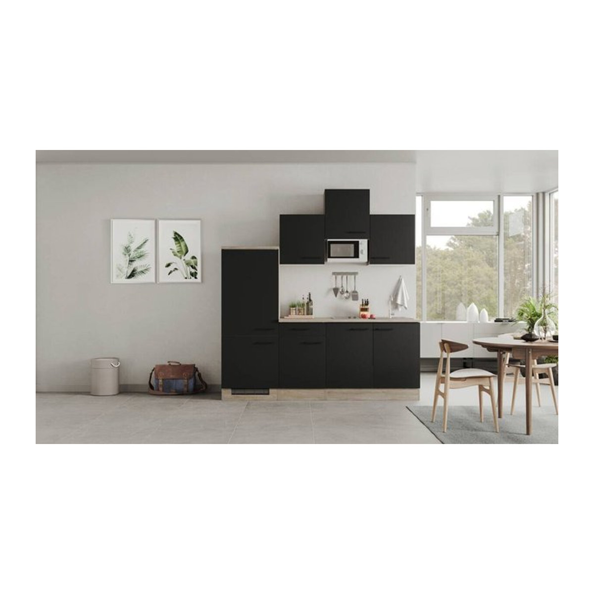 Flex-Well Singleküche Capri Küchenzeile in Schwarz mit Eiche Natur und Antifingerprint-Effekt, B/H/T: 210 x 226 x 60 cm - Bild 2