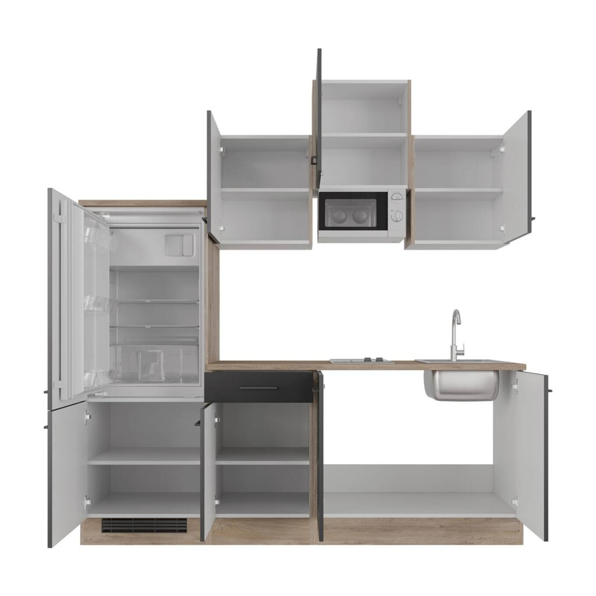 Flex-Well Singleküche Capri Küchenzeile in Schwarz mit Eiche Natur und Antifingerprint-Effekt, B/H/T: 210 x 226 x 60 cm - Bild 4