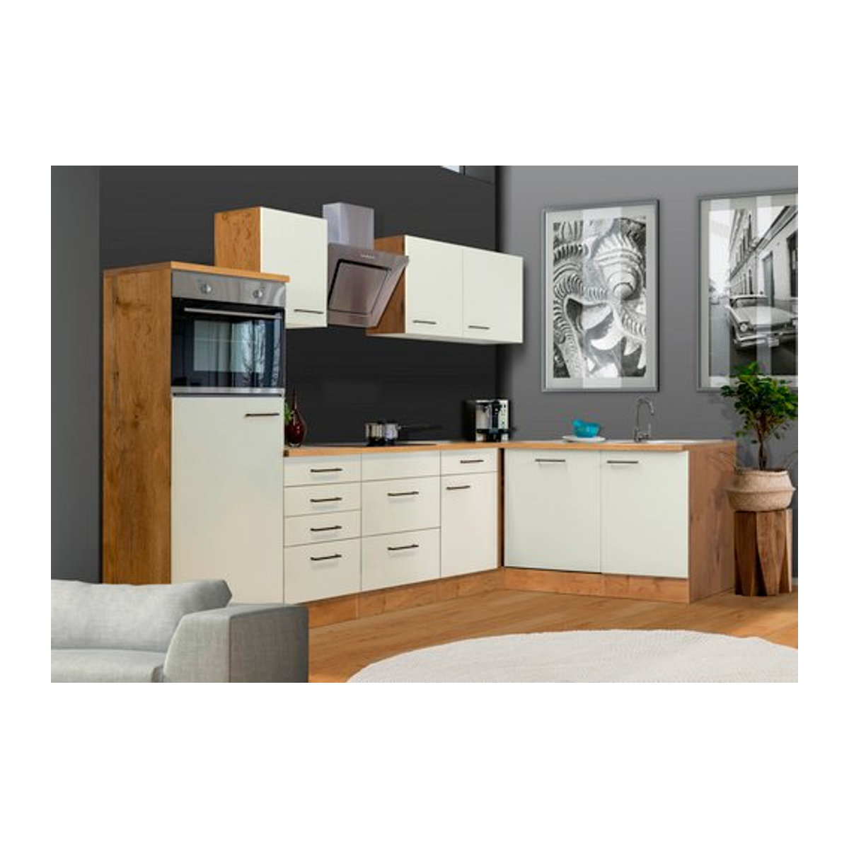 Flex-Well Winkelküche Avila in Weiß und Beige mit Melaminharz-Arbeitsplatte, B/H/T: 280 x 200 x 60 cm - Bild 1