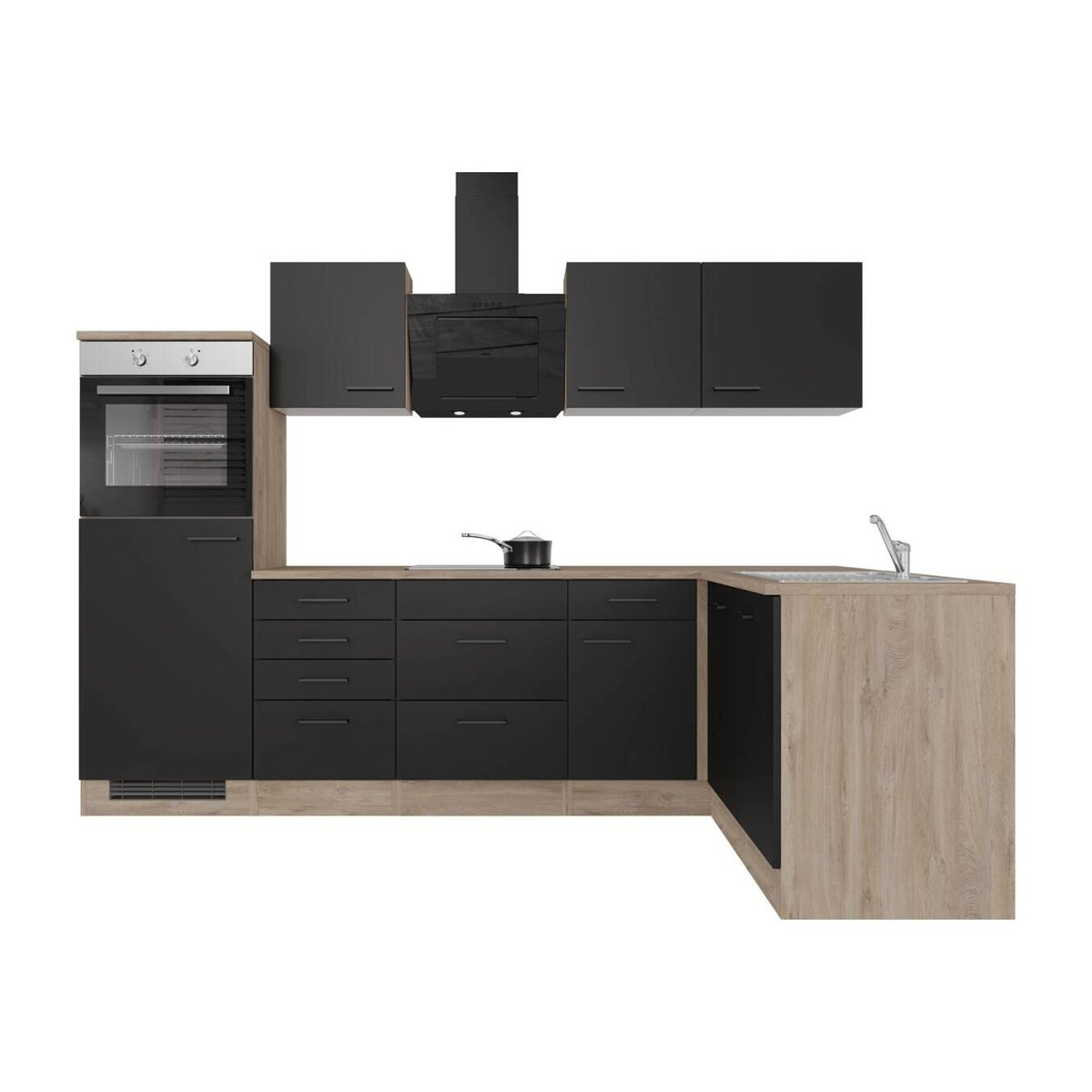 Flex-Well Winkelküche Capri in Schwarz und Eiche Natur mit Antifingerprint-Effekt, B/H/T: 280 x 200 x 60 cm - Bild 2