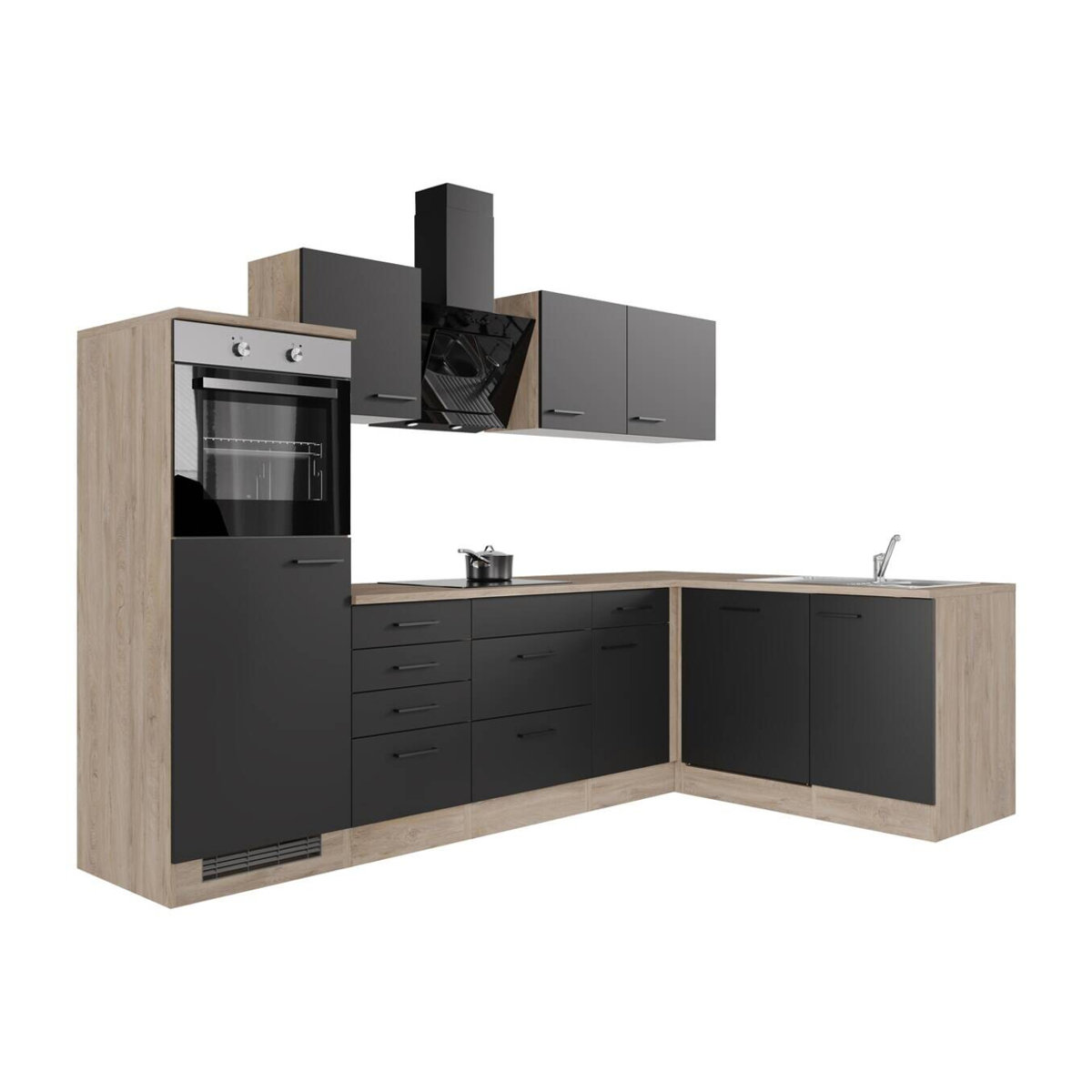 Flex-Well Winkelküche Capri in Schwarz und Eiche Natur mit Antifingerprint-Effekt, B/H/T: 280 x 200 x 60 cm - Bild 3