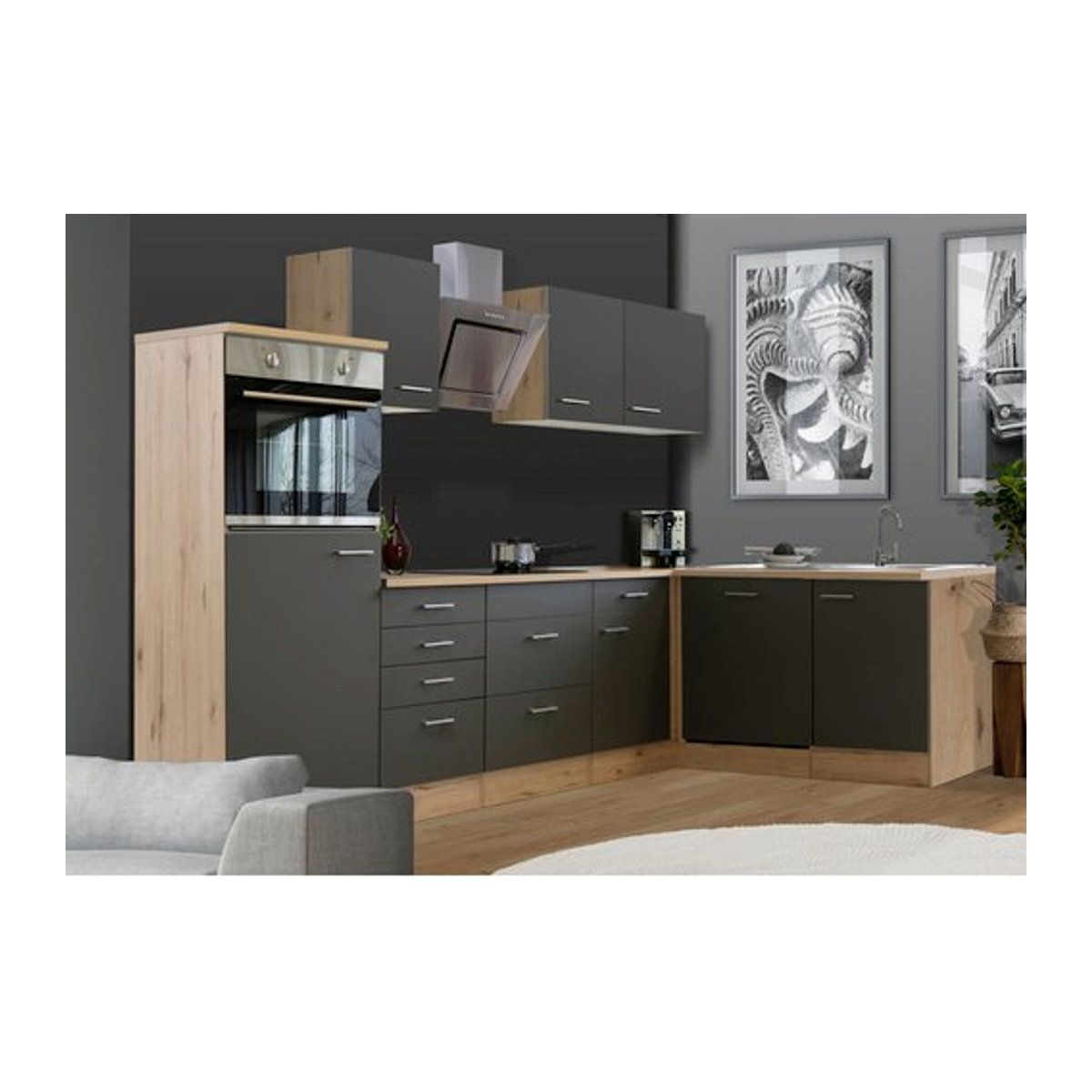 Flex-Well Winkelküche Modern in Grau und Eiche Natur aus Holzwerkstoff mit Kunststoff und Edelstahl - Bild 1