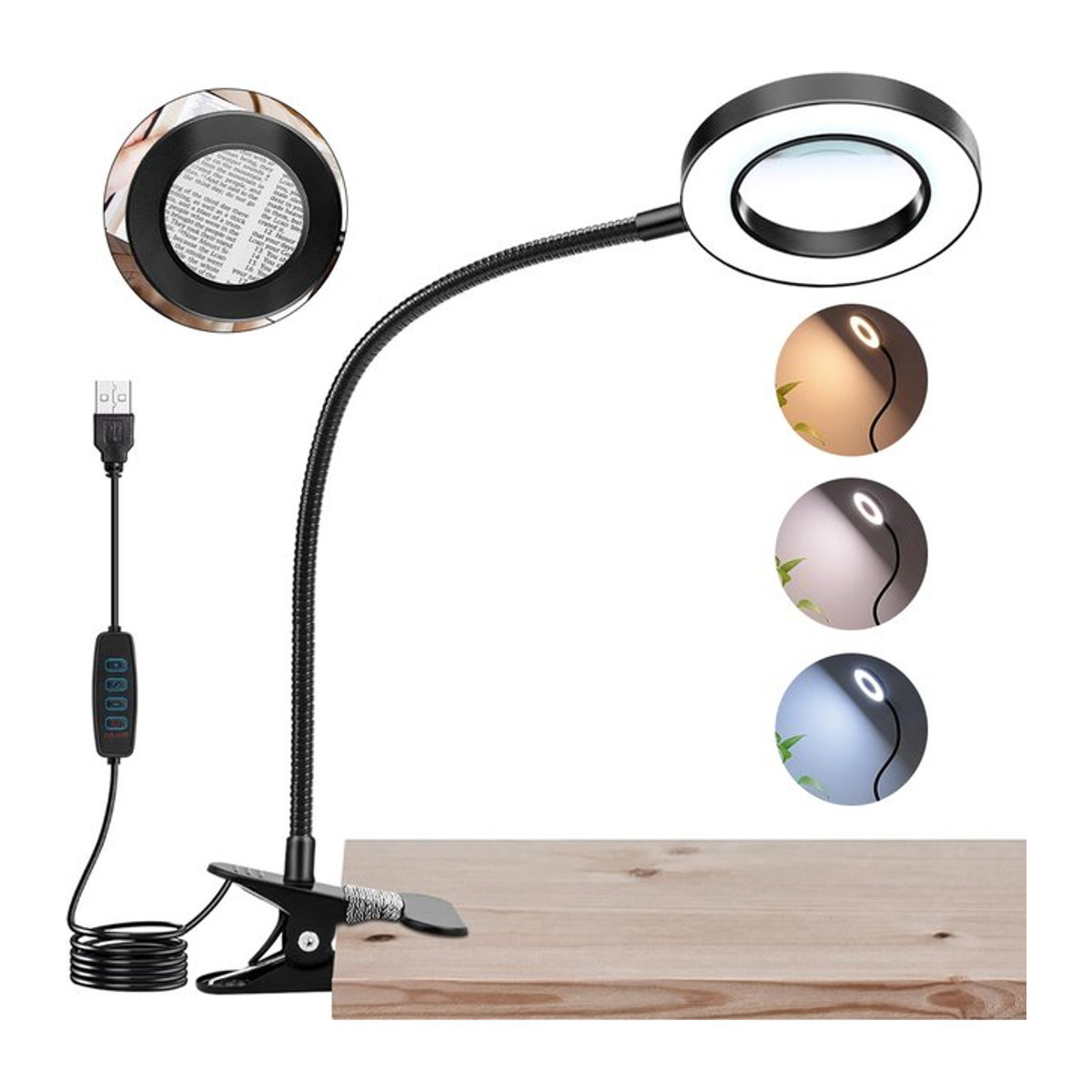 Flexible LED-Schreibtischlampe mit 5-facher Vergrößerung und 3-Farben-LED-Lupe in Schwarz für Reparatur, Handwerk und Hobby - Bild 1