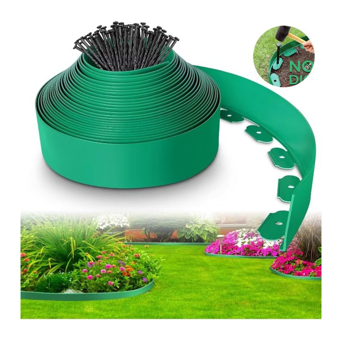 Flexible PVC-Garteneinfassung mit 30 Stachelankern, robustes wetterbeständiges Rasenbordenset, 10 m Länge - Bild 1