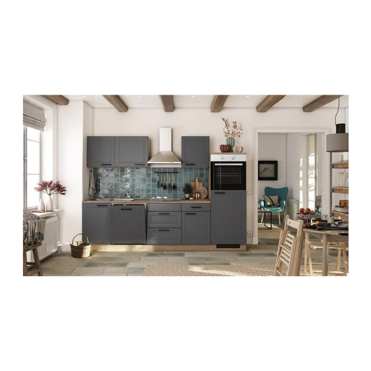 Flexwell Küchenzeile Landhaus inkl. Elektrogeräte, Breite: 280 cm, Anthrazit und Eiche Natur - Bild 1
