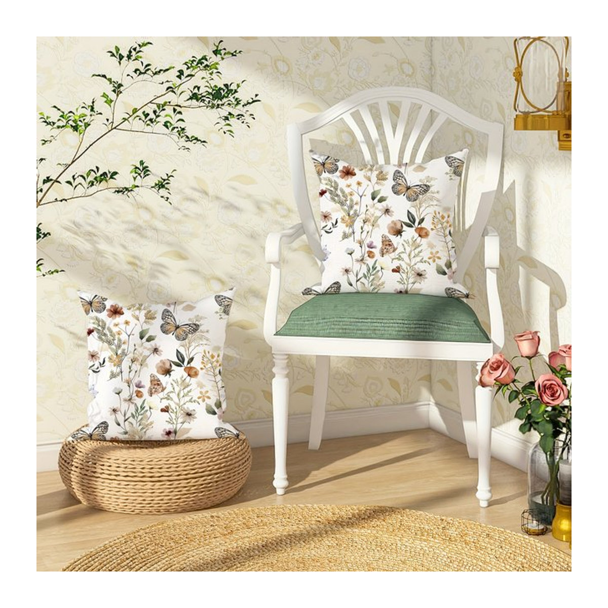 Floraler Kissenbezug mit Schmetterlings-Motiv in Grün und Weiß, B/H: 45,7 x 45,7 cm - Bild 1