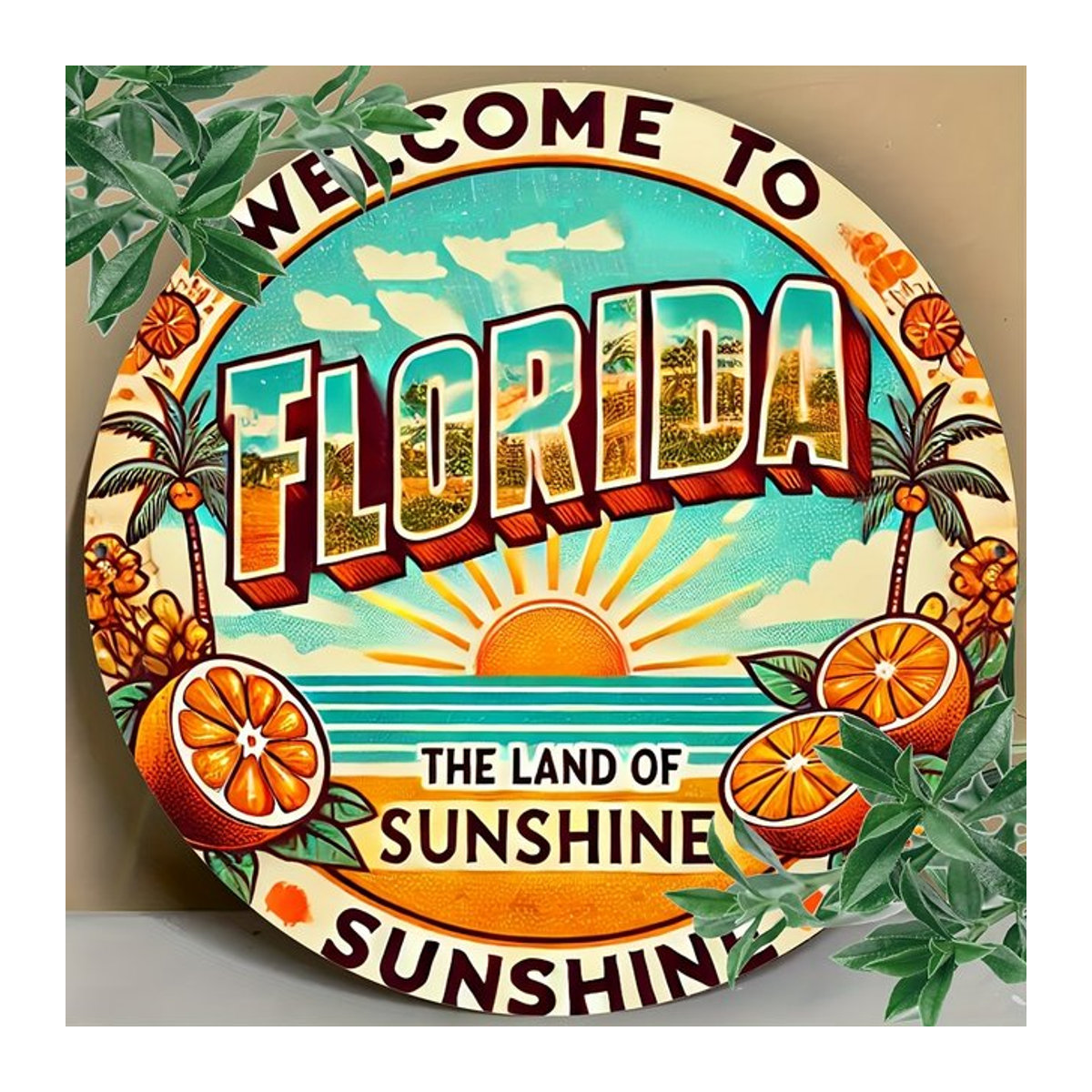 Florida Willkommensschild Potdemiel Vintage Wandkunst aus Metall, mehrfarbig, Durchmesser: 20,32 cm - Bild 1
