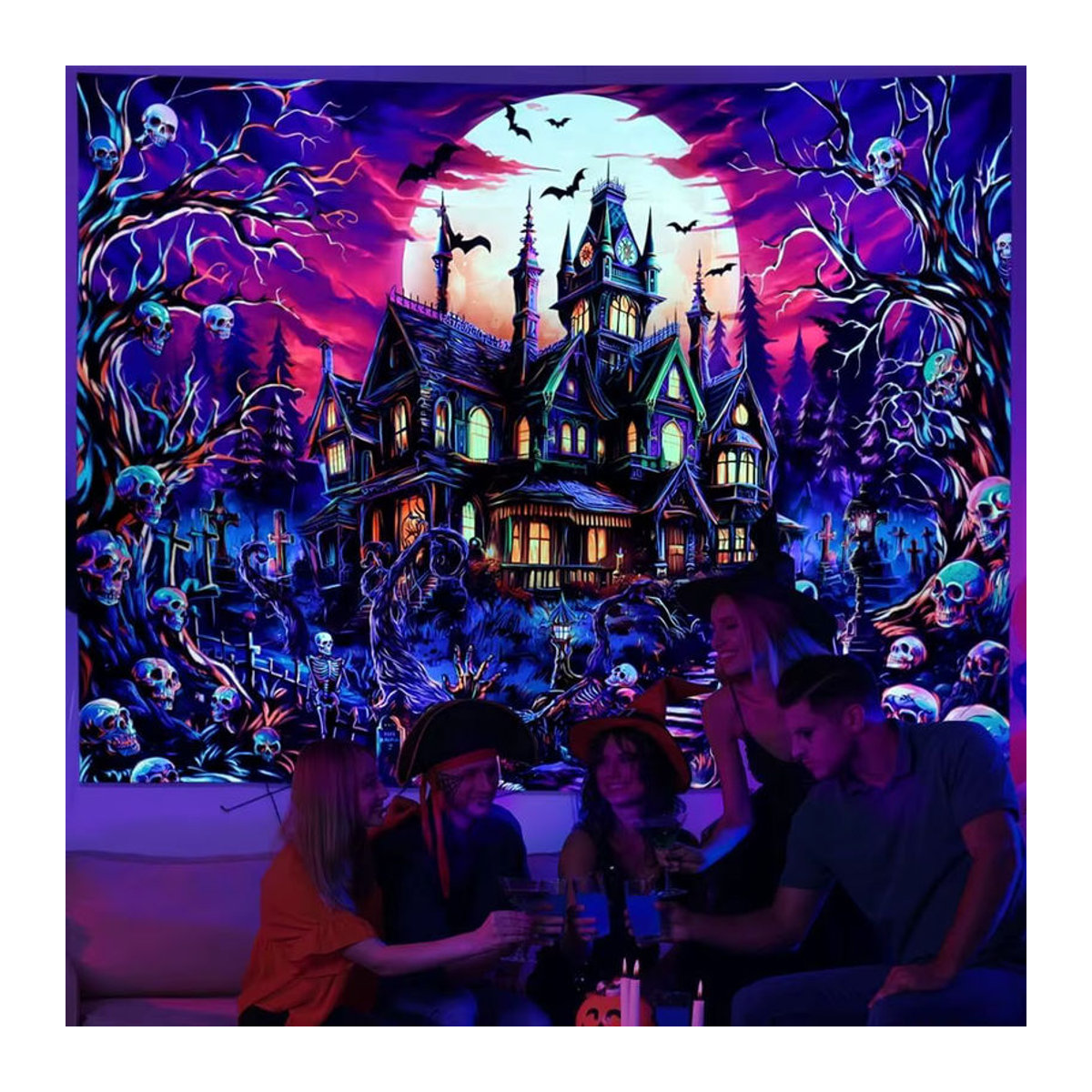 Fluoreszierender Halloween Wandteppich mit Gothic Castle Motiv, UV-reaktive Wandkunst in Schwarz und Mehrfarbig, Textil, B/H: 40 x 60 cm - Bild 1