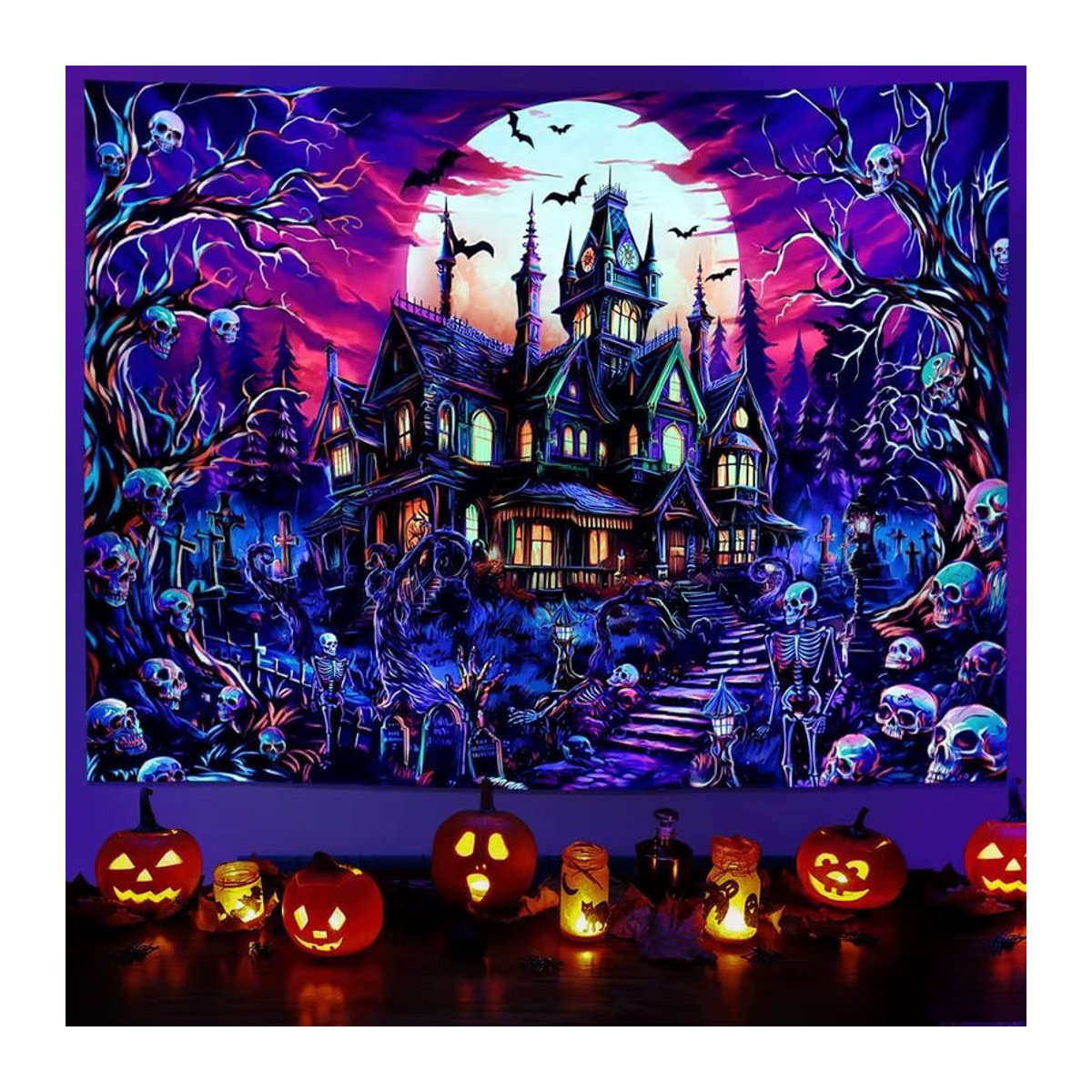 Fluoreszierender Halloween Wandteppich mit Gothic Castle Motiv, UV-reaktive Wandkunst in Schwarz und Mehrfarbig, Textil, B/H: 40 x 60 cm - Bild 2