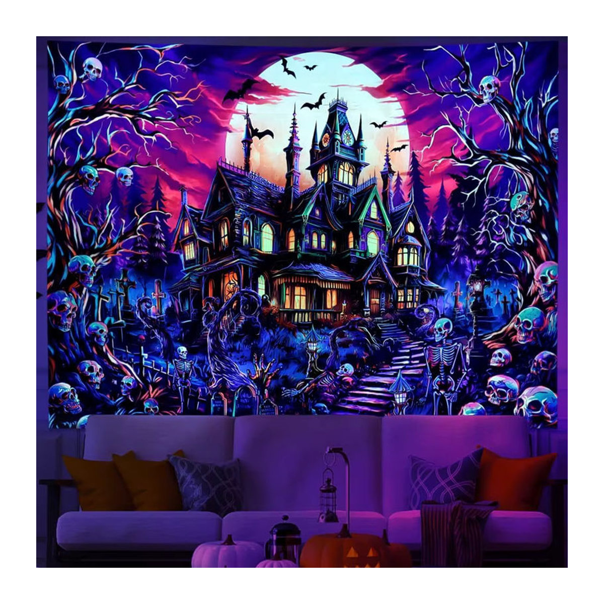 Fluoreszierender Halloween Wandteppich mit Gothic Castle Motiv, UV-reaktive Wandkunst in Schwarz und Mehrfarbig, Textil, B/H: 40 x 60 cm - Bild 3