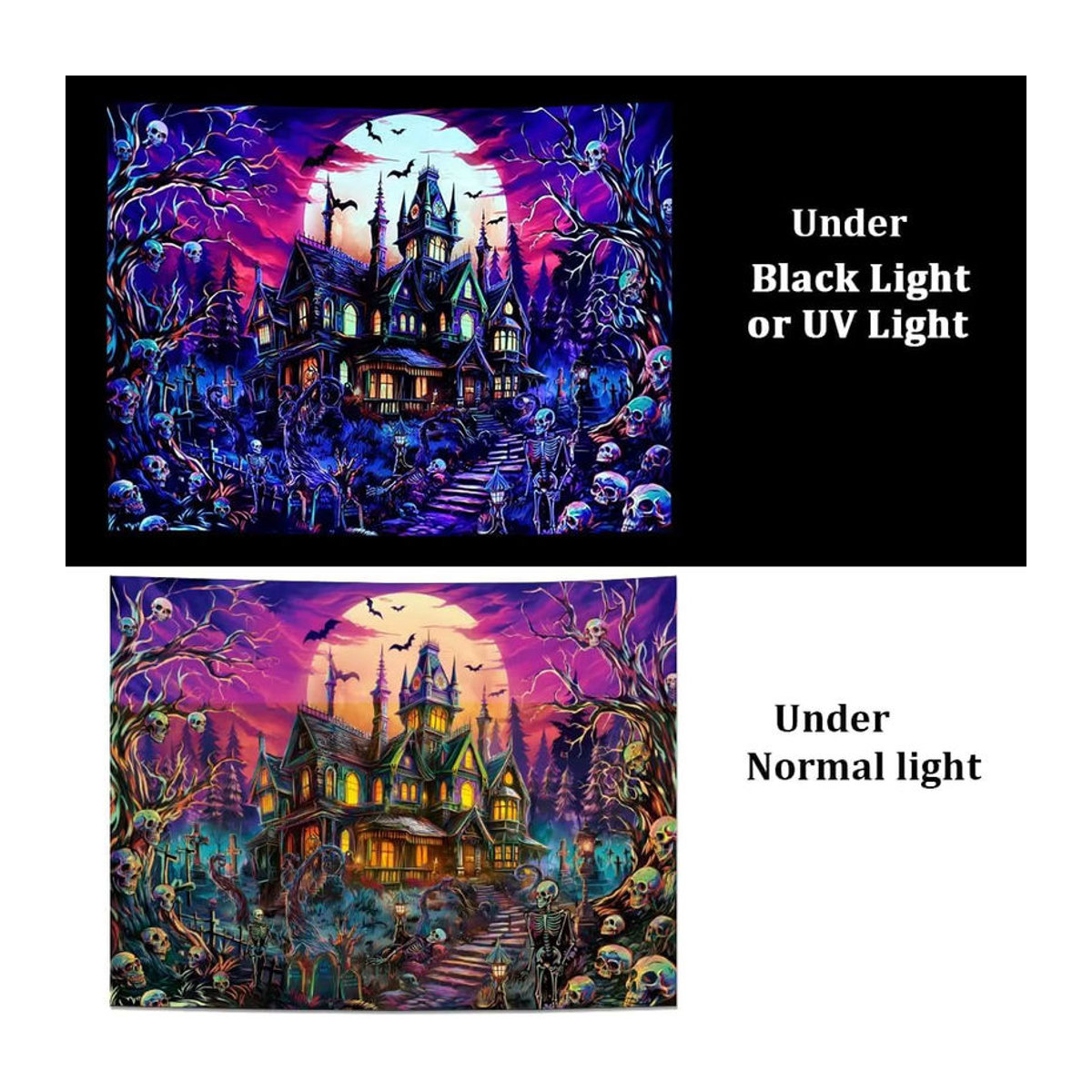 Fluoreszierender Halloween Wandteppich mit Gothic Castle Motiv, UV-reaktive Wandkunst in Schwarz und Mehrfarbig, Textil, B/H: 40 x 60 cm - Bild 4
