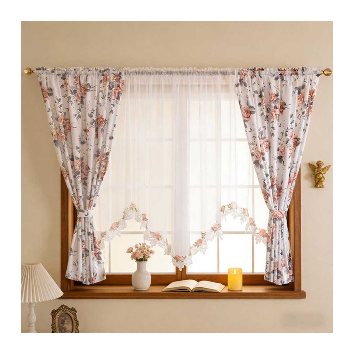 FLYINGCURTAINS Retro Chiffon-Vorhang mit Spitzenstickerei und bedrucktem Muster in Weiß, lichtfilternd - Bild 1