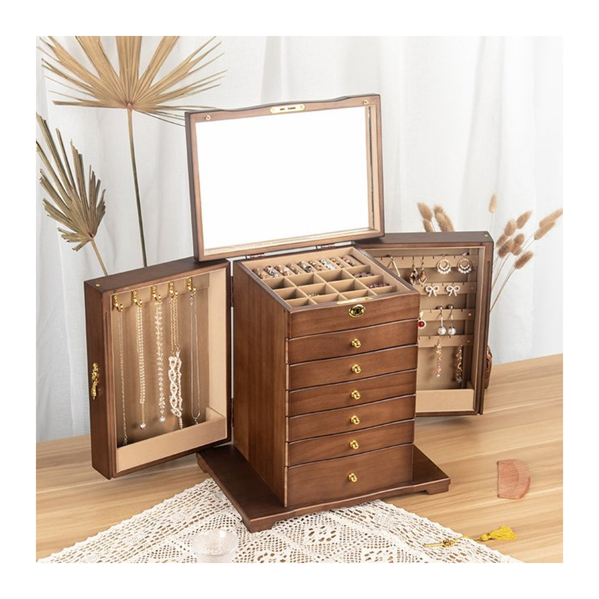 FLZX Schmuckschatulle aus Holz in Schwarz oder Braun mit Organizer-Schubladen für Ringe, Halsketten, Ohrringe und Armbänder - Bild 1