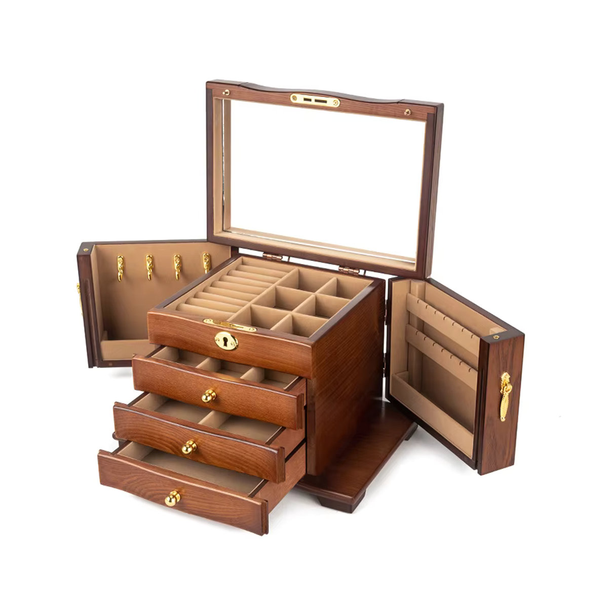 FLZX Schmuckschatulle aus Holz in Schwarz oder Braun mit Organizer-Schubladen für Ringe, Halsketten, Ohrringe und Armbänder - Bild 2