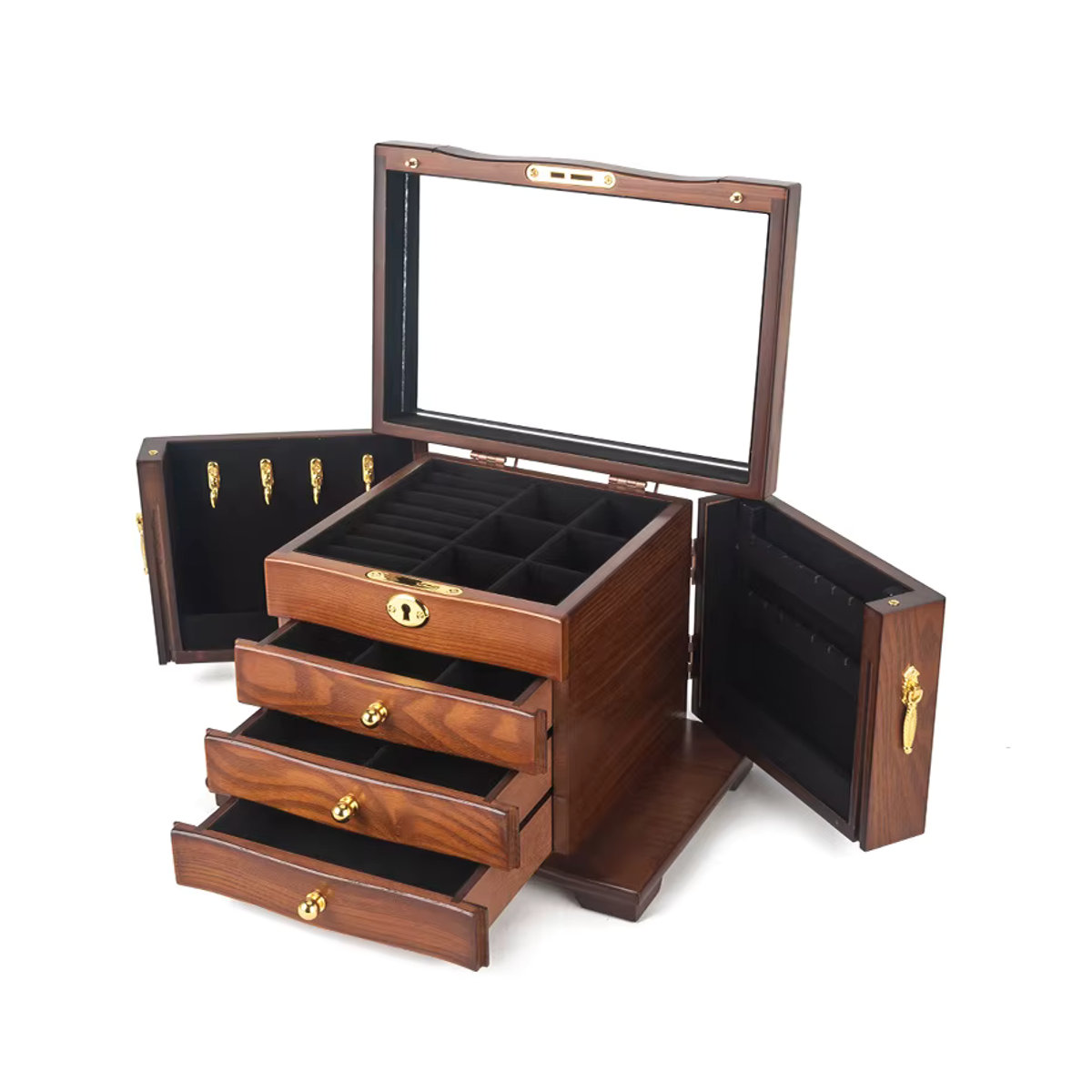 FLZX Schmuckschatulle aus Holz in Schwarz oder Braun mit Organizer-Schubladen für Ringe, Halsketten, Ohrringe und Armbänder - Bild 3