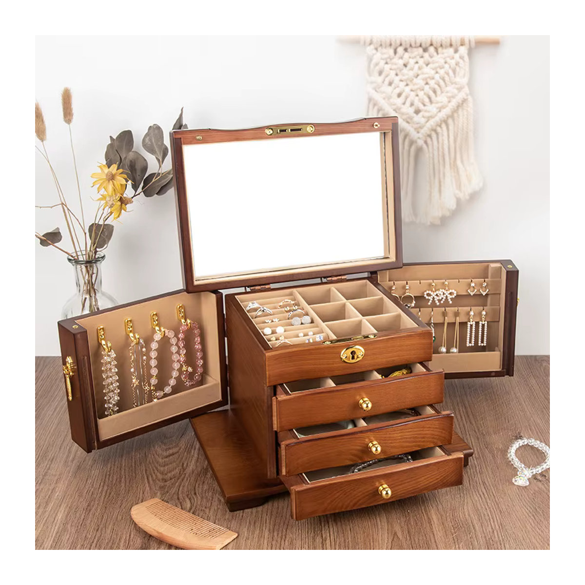 FLZX Schmuckschatulle aus Holz in Schwarz oder Braun mit Organizer-Schubladen für Ringe, Halsketten, Ohrringe und Armbänder - Bild 4