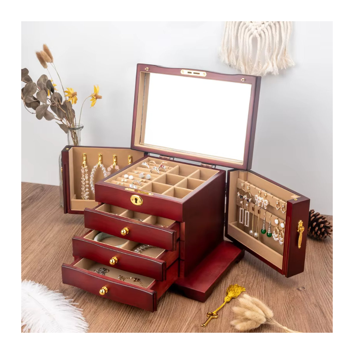 FLZX Schmuckschatulle aus Holz in Schwarz oder Braun mit Organizer-Schubladen für Ringe, Halsketten, Ohrringe und Armbänder - Bild 5