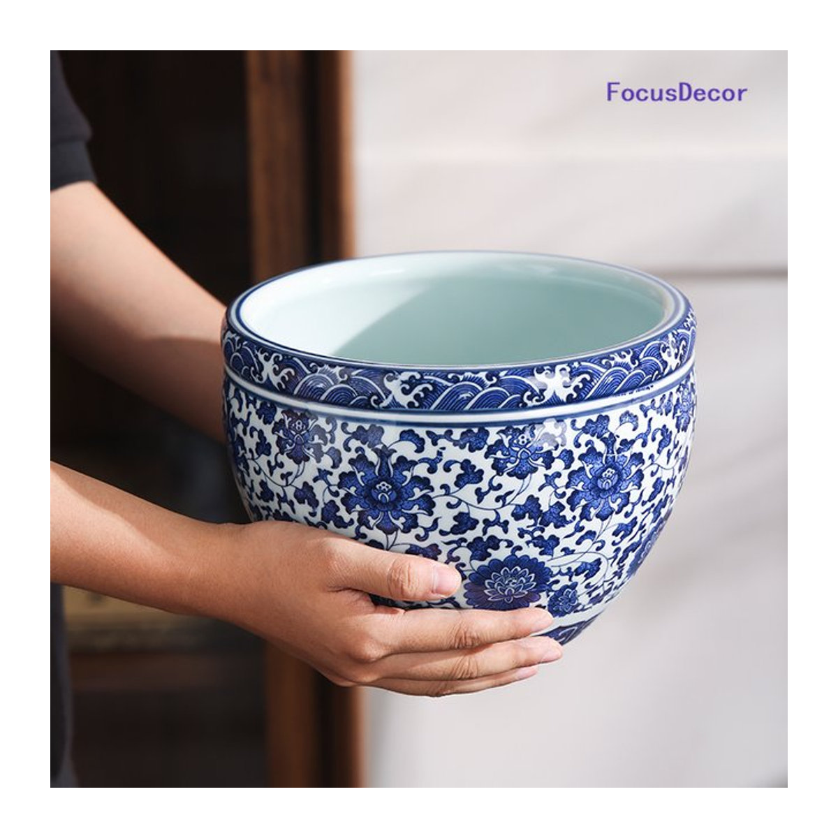 FOCUSDECOR Porzellan Blumentopf im chinesischen Stil mit blau-weißem Floral-Design, rund - Bild 1