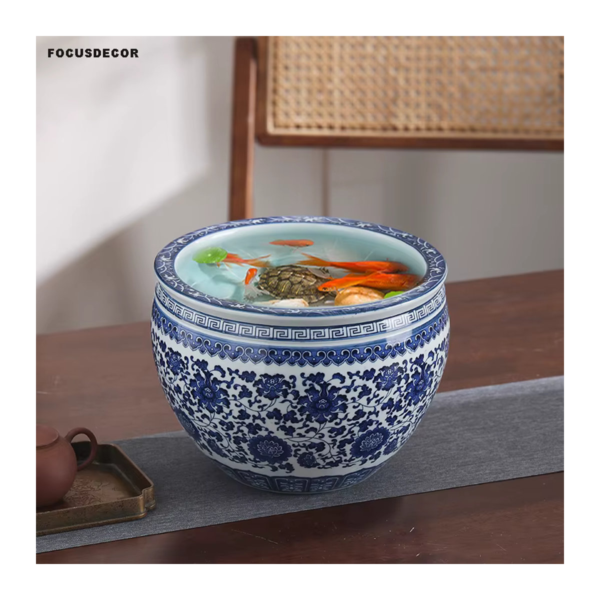 FOCUSDECOR Porzellan Blumentopf im chinesischen Stil mit blau-weißem Floral-Design, rund - Bild 3