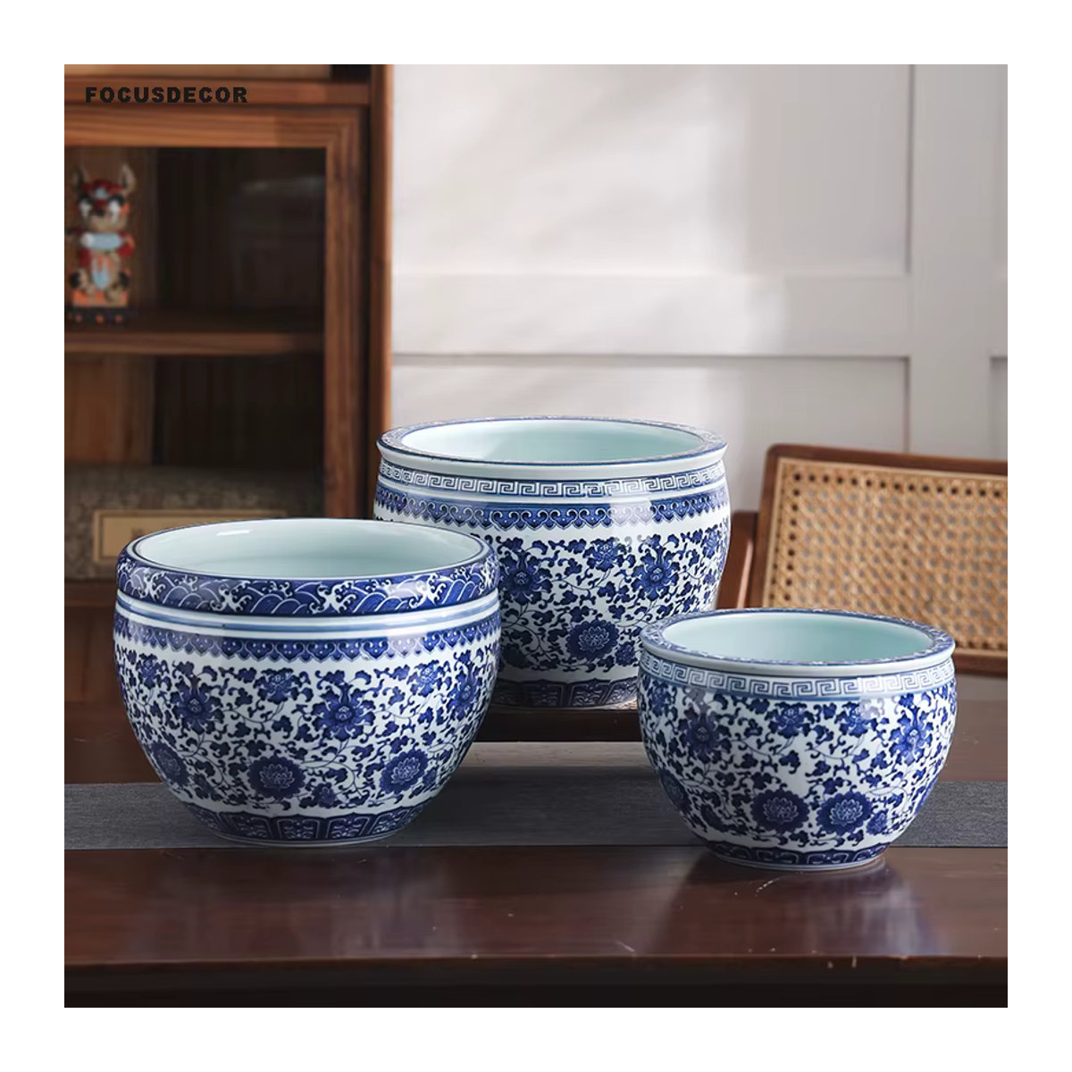 FOCUSDECOR Porzellan Blumentopf im chinesischen Stil mit blau-weißem Floral-Design, rund - Bild 4