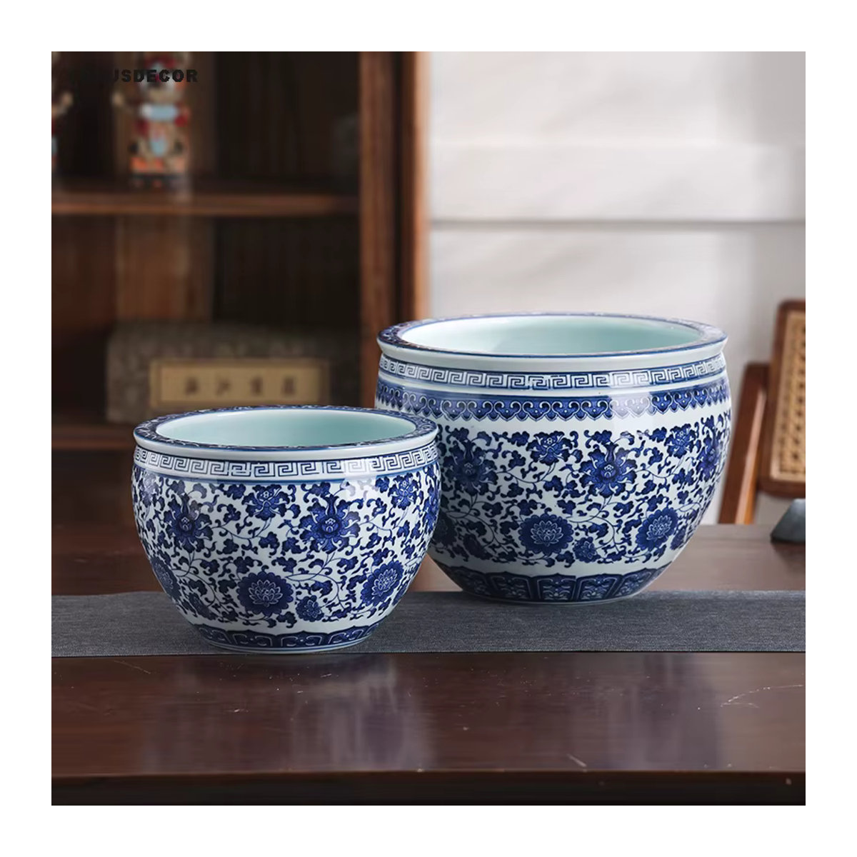 FOCUSDECOR Porzellan Blumentopf im chinesischen Stil mit blau-weißem Floral-Design, rund - Bild 5