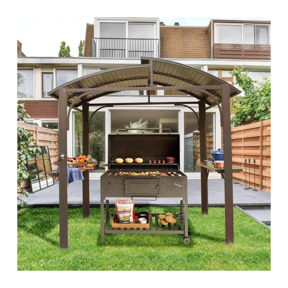 ForGrill BBQ-Pavillon Grillüberdachung mit Doppel-Dach aus verzinktem Stahl und 2 Seitenablagen, 8x5FT - Bild 1